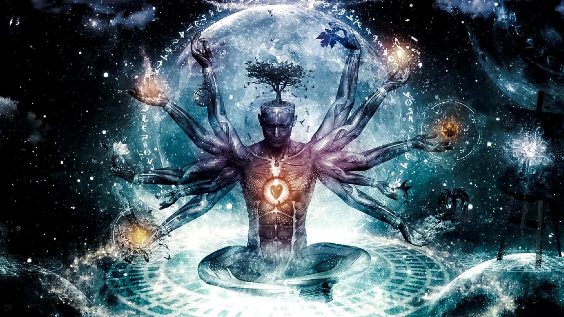 Spirituality 桌布 壁紙 — 一個多臂的宇宙人物在發光的星體頂部冥想，頭部長出一棵樹，周圍有符號旋轉。