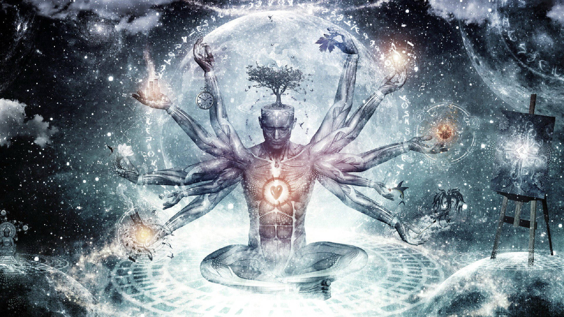 月光 桌布 壁紙 — 一個多臂的宇宙人物在發光的球體上冥想，頭頂長出一棵樹，周圍環繞著星星和神秘符號。