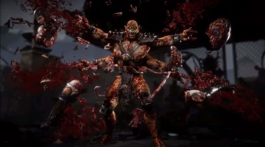 Mortal Kombat Kintaro 桌布 壁紙 — 一個多臂的恐怖惡魔，四肢濺滿鮮血，漂浮著被斬首的頭顱，主宰著黑暗的城市廢墟。