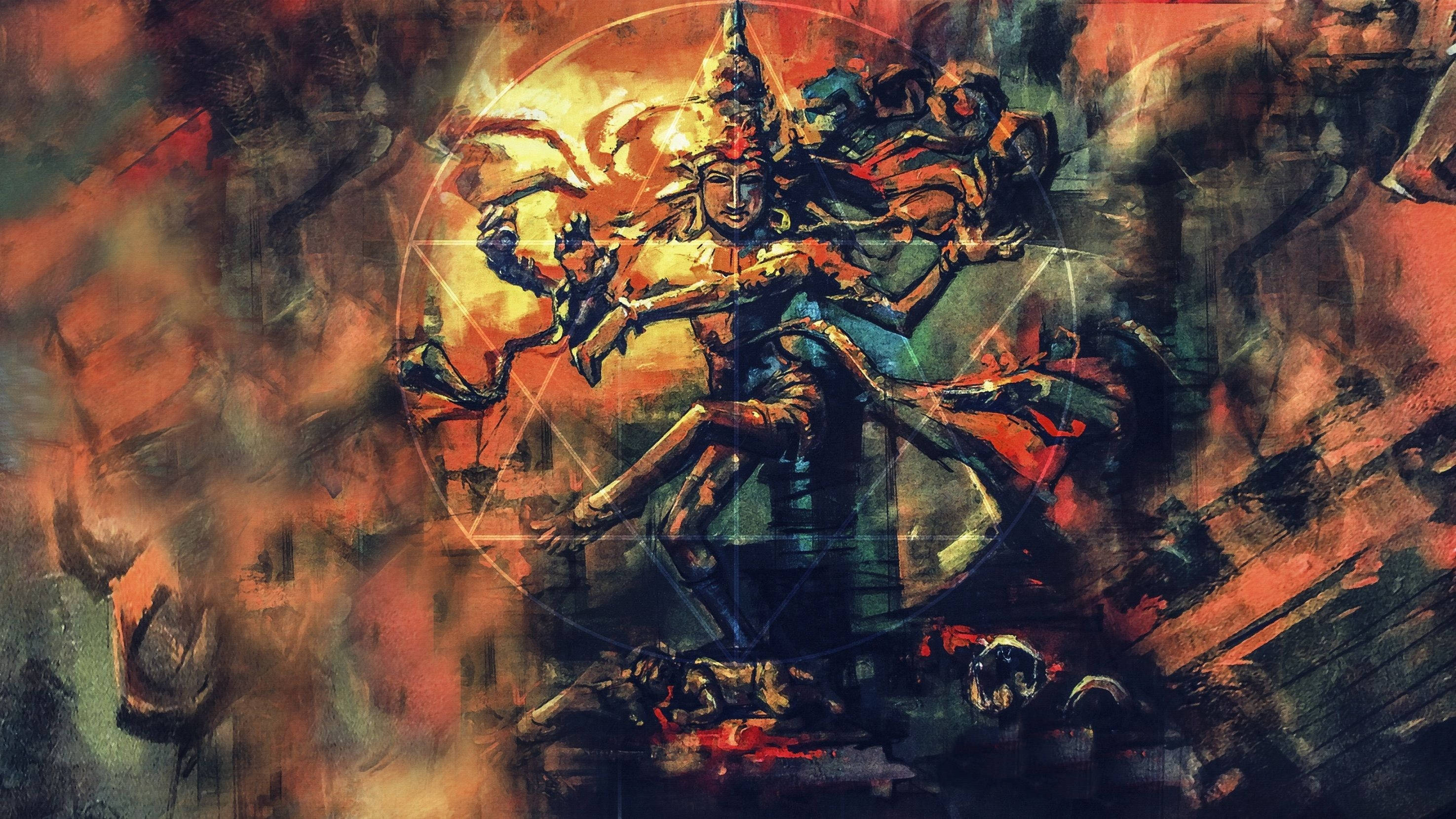 濕婆神 桌布 壁紙 — 一個多臂神聖人物在神秘圓圈內散發金色光芒，背景是火橙色和深色陰影旋轉的抽象圖案。