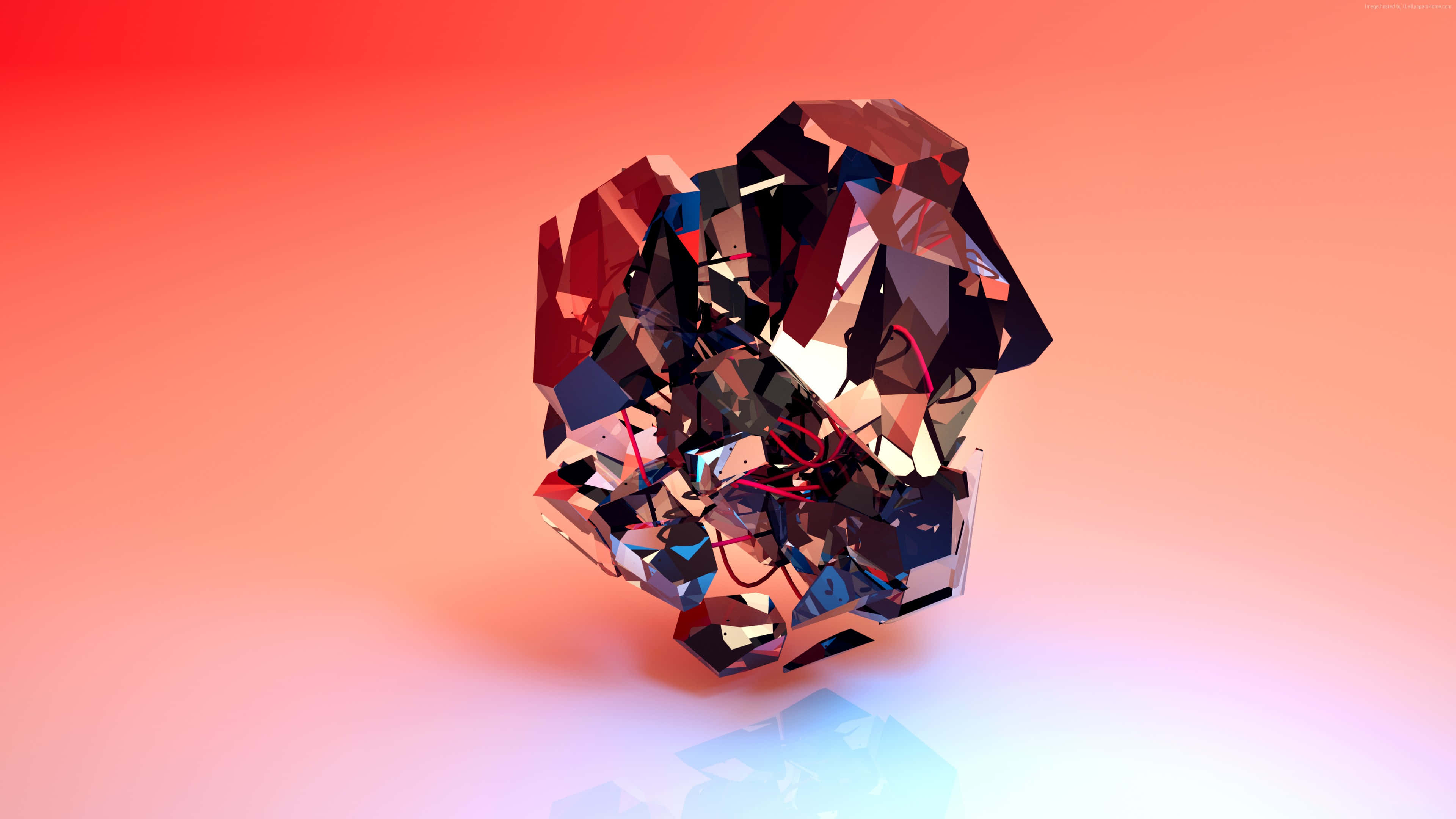3d Abstract 桌布 壁紙 — 一個多面幾何水晶簇在橙色漸變背景上閃耀著紅色和藍色的反射。