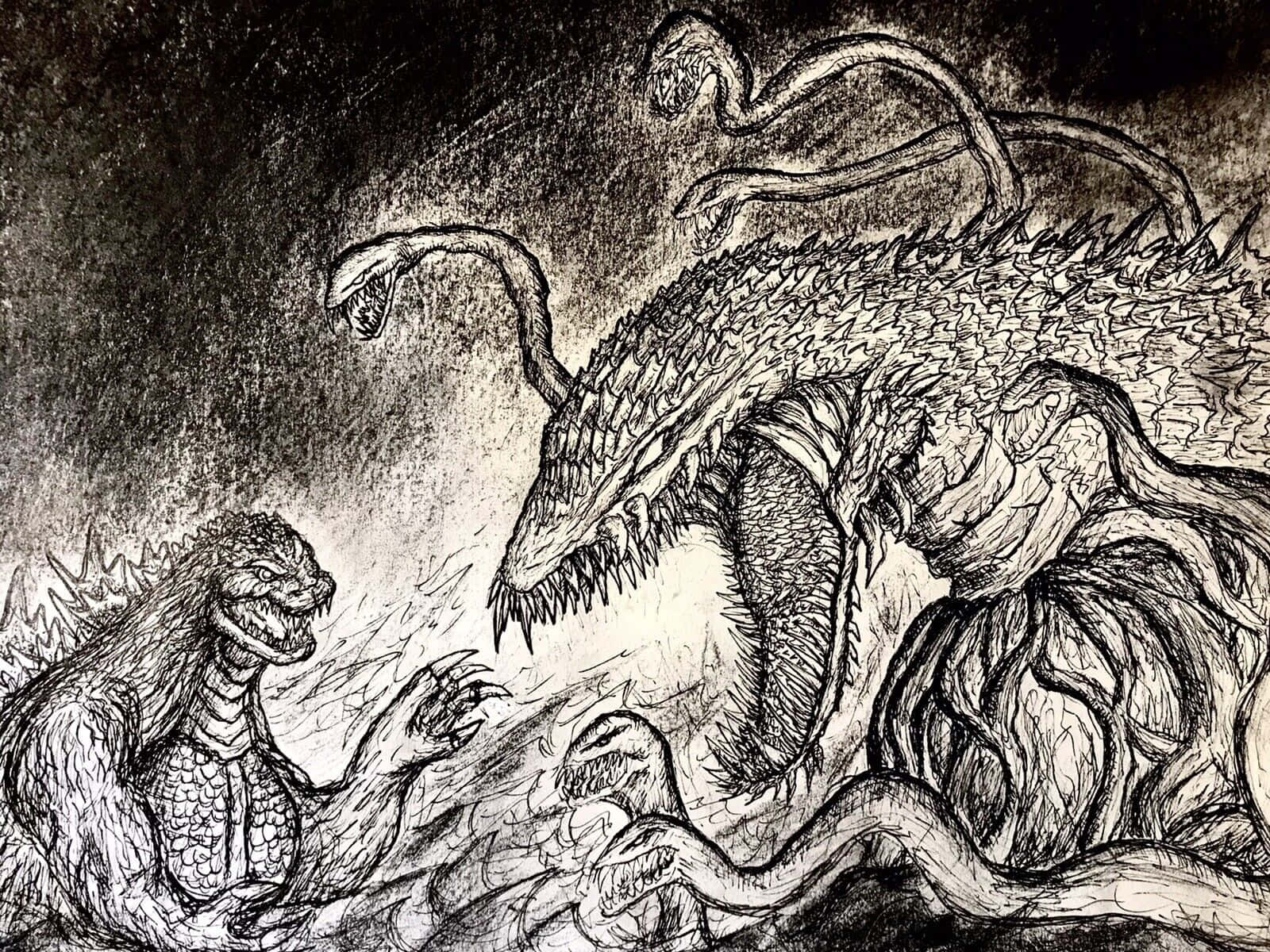 Godzilla Vs Biollante 桌布 壁紙 — 一個多頭怪物，長滿尖刺鱗片和鋒利牙齒，在混亂的黑白草圖中與一隻較小的爬蟲類野獸對峙。