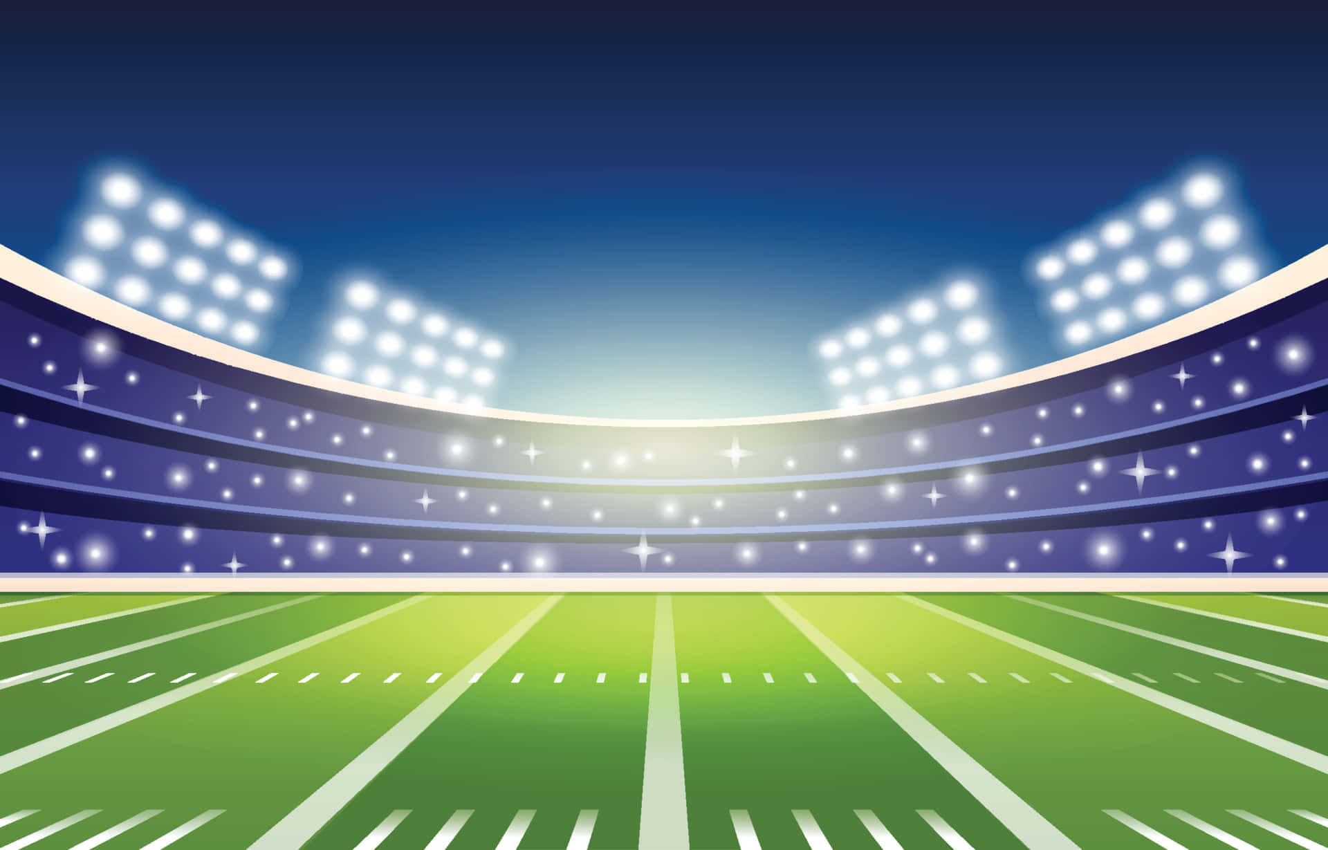Football Field 桌布 壁紙 — 一個夜晚燈火通明的足球場，閃爍的泛光燈照亮了綠色球場和空蕩的看台。