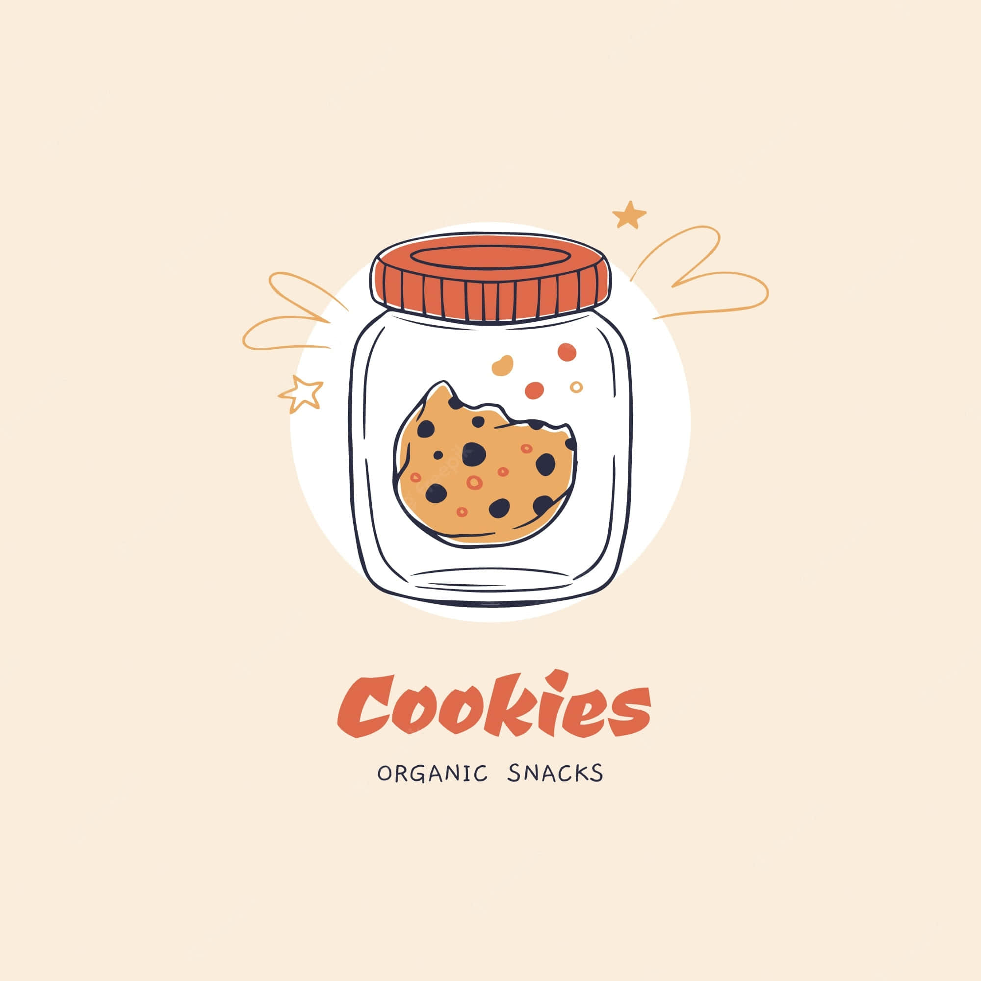 Cute Food iPhone 桌布 壁紙 — 一個夢幻插圖罐子，內有被咬過的巧克力餅乾和漂浮的星星，背景是柔和的米色。
