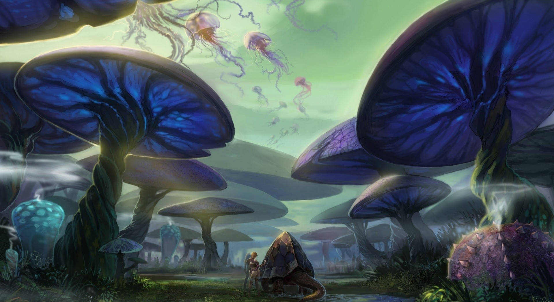 Psychedelic Mushroom 桌布 壁紙 — 一個夢幻景觀，有巨大的藍色發光蘑菇和漂浮的水母，在柔和的綠色天空下。