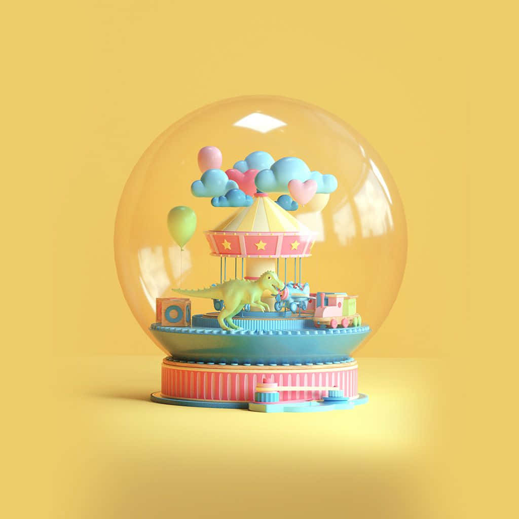 globe 桌布 壁紙 — 一個夢幻的3D渲染雪球，裡面有恐龍旋轉木馬、粉彩雲朵和氣球，背景是溫暖的黃色。