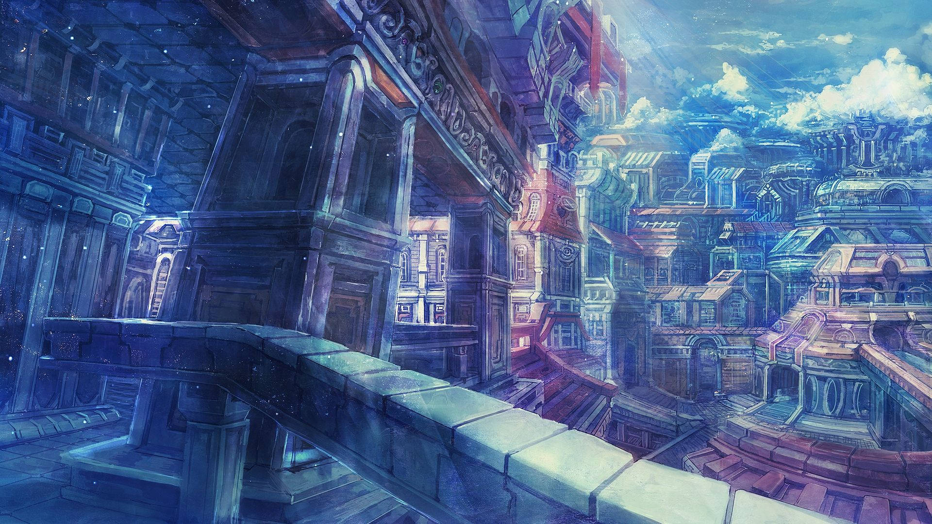 動漫城市 桌布 壁紙 — 一個夢幻的城市景觀，擁有華麗的建築，在星空和發光的雲彩下。