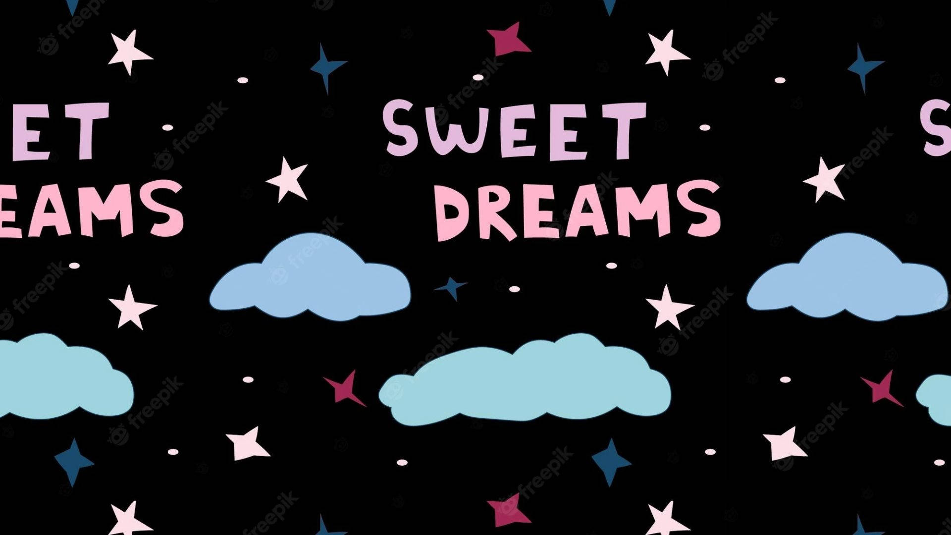 dreams 桌布 壁紙 — 一個夢幻的夜空，帶有粉彩雲朵、星星，以及以俏皮粉紅字體書寫的 sweet dreams 字句。