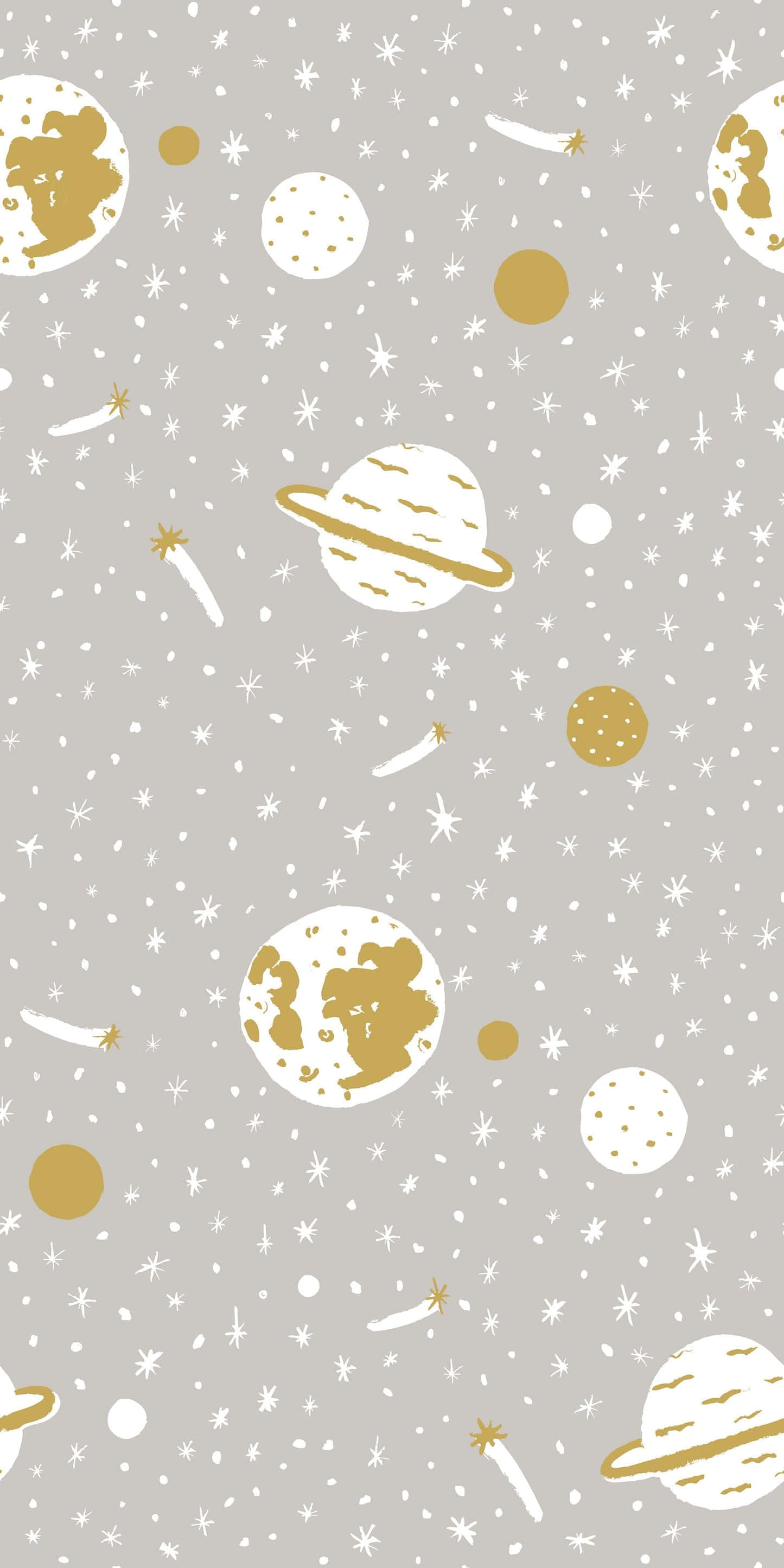 Gray And Yellow 桌布 壁紙 — 一個夢幻的太空圖案，白色和金色的行星、彗星和星星散落在柔和的灰色背景上。