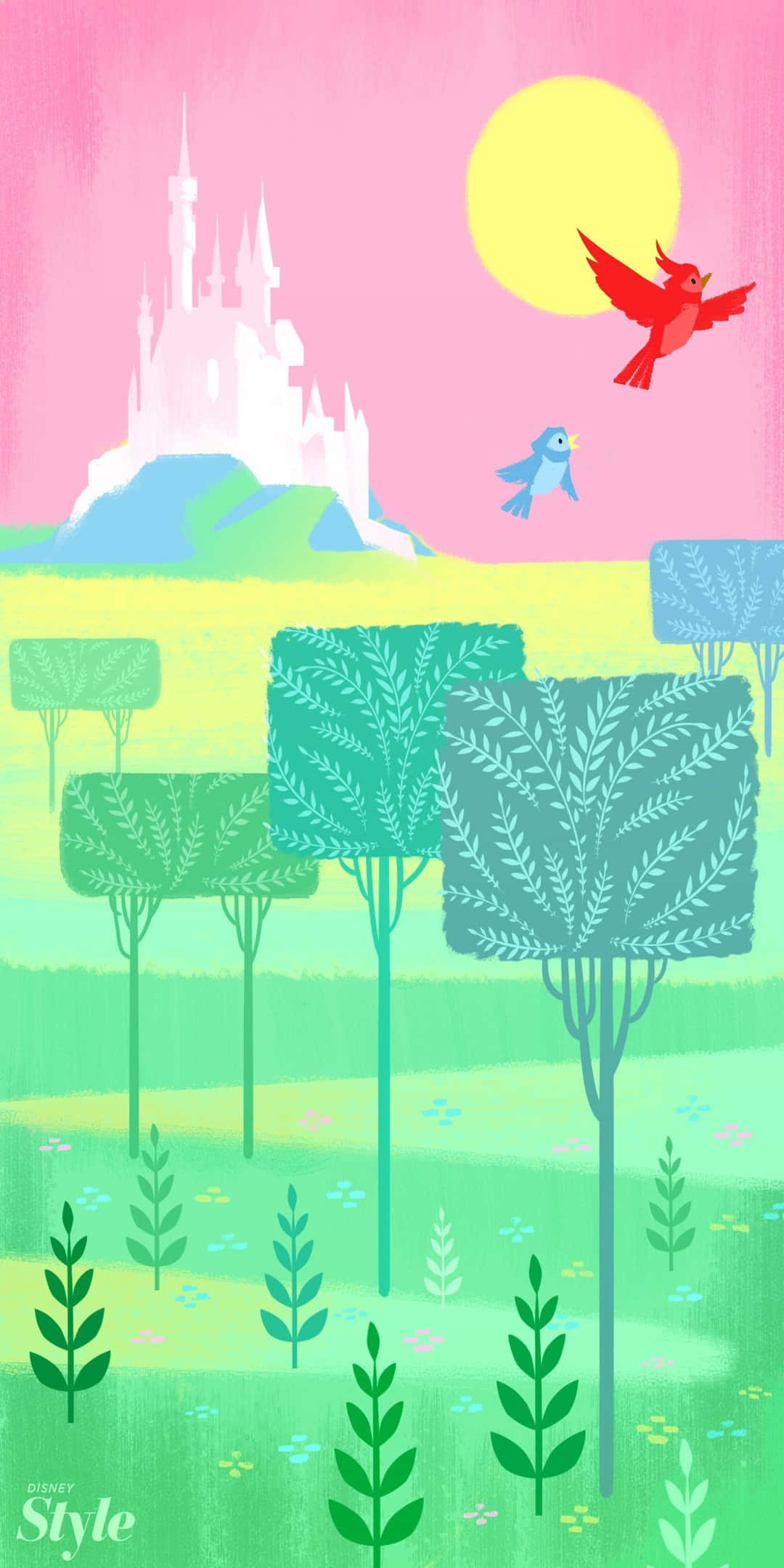 Pixel 3 Disney 桌布 壁紙 — 一個夢幻的插圖風景，粉紅色的天空、黃色的太陽、山丘上的城堡，兩隻鳥兒在上空飛翔。