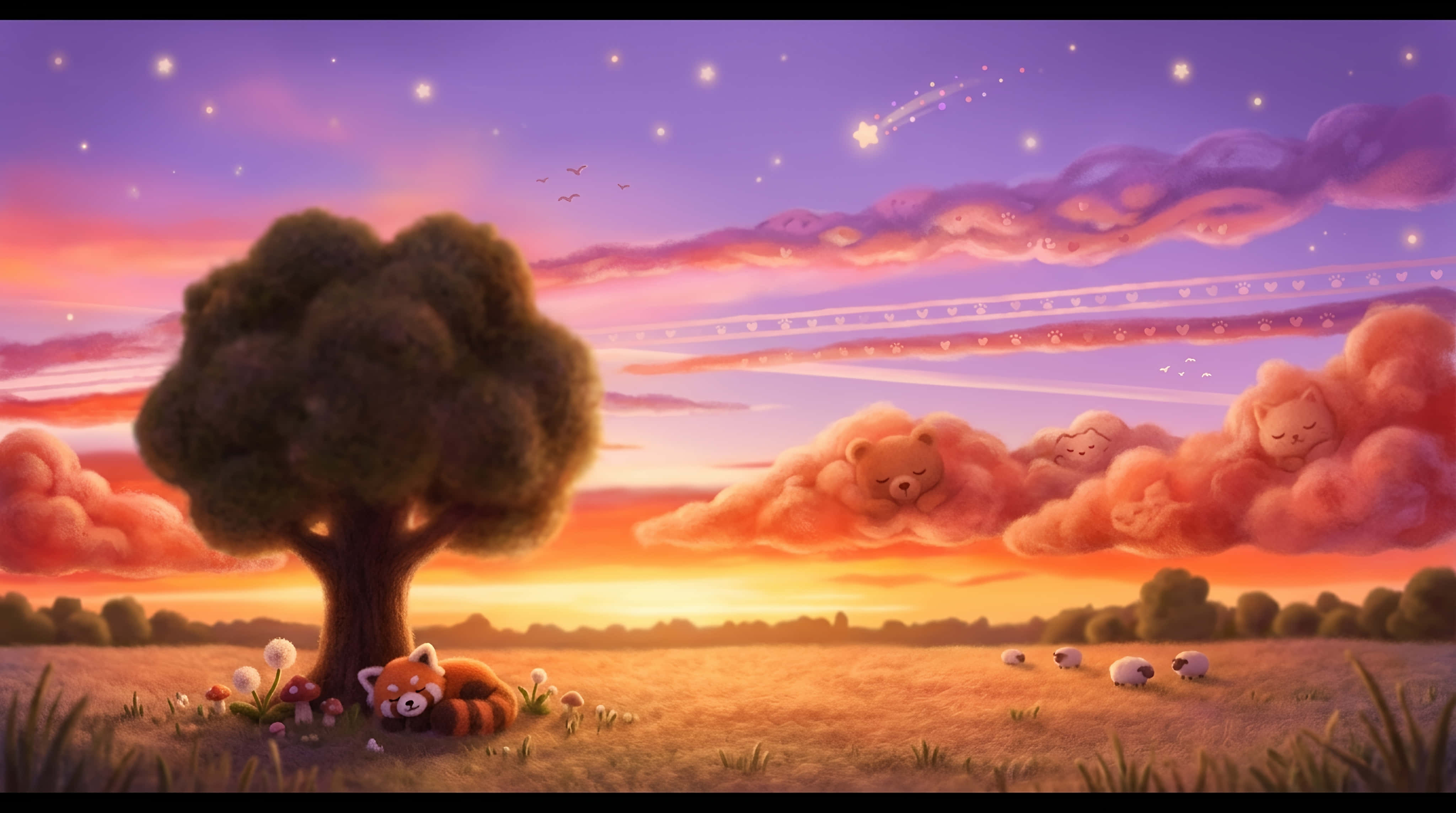 Shooting Star 桌布 壁紙 — 一個夢幻的日落場景，一隻小熊貓在樹下休息，而睡眼惺忪的動物臉孔從蓬鬆的雲朵中探出頭來，背景是繁星點點的紫色天空。
