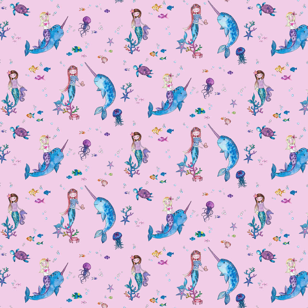 Narwhal 桌布 壁紙 — 一個夢幻的水底場景，美人魚、獨角鯨和海洋生物在柔和的粉紅色背景上暢游。