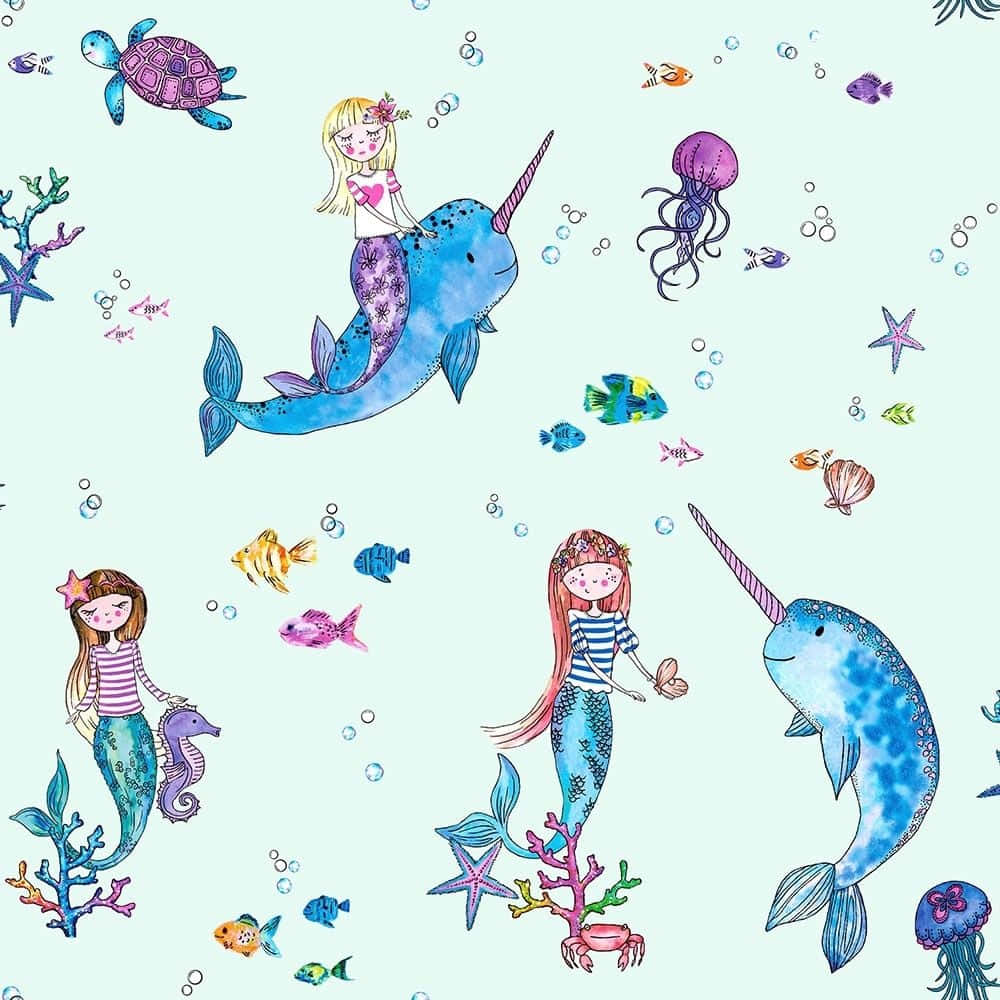 圖案 桌布 壁紙 — 一個夢幻的水底場景，美人魚和獨角鯨在色彩繽紛的魚類、珊瑚和水母之間游動，背景是淺藍色。