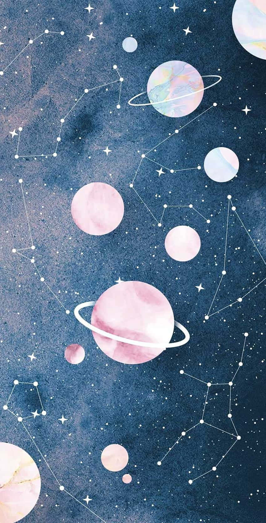 Constellations 桌布 壁紙 — 一個夢幻的水彩星系，帶有粉彩行星和發光的星座，漂浮在深藍色的宇宙廣袤中。