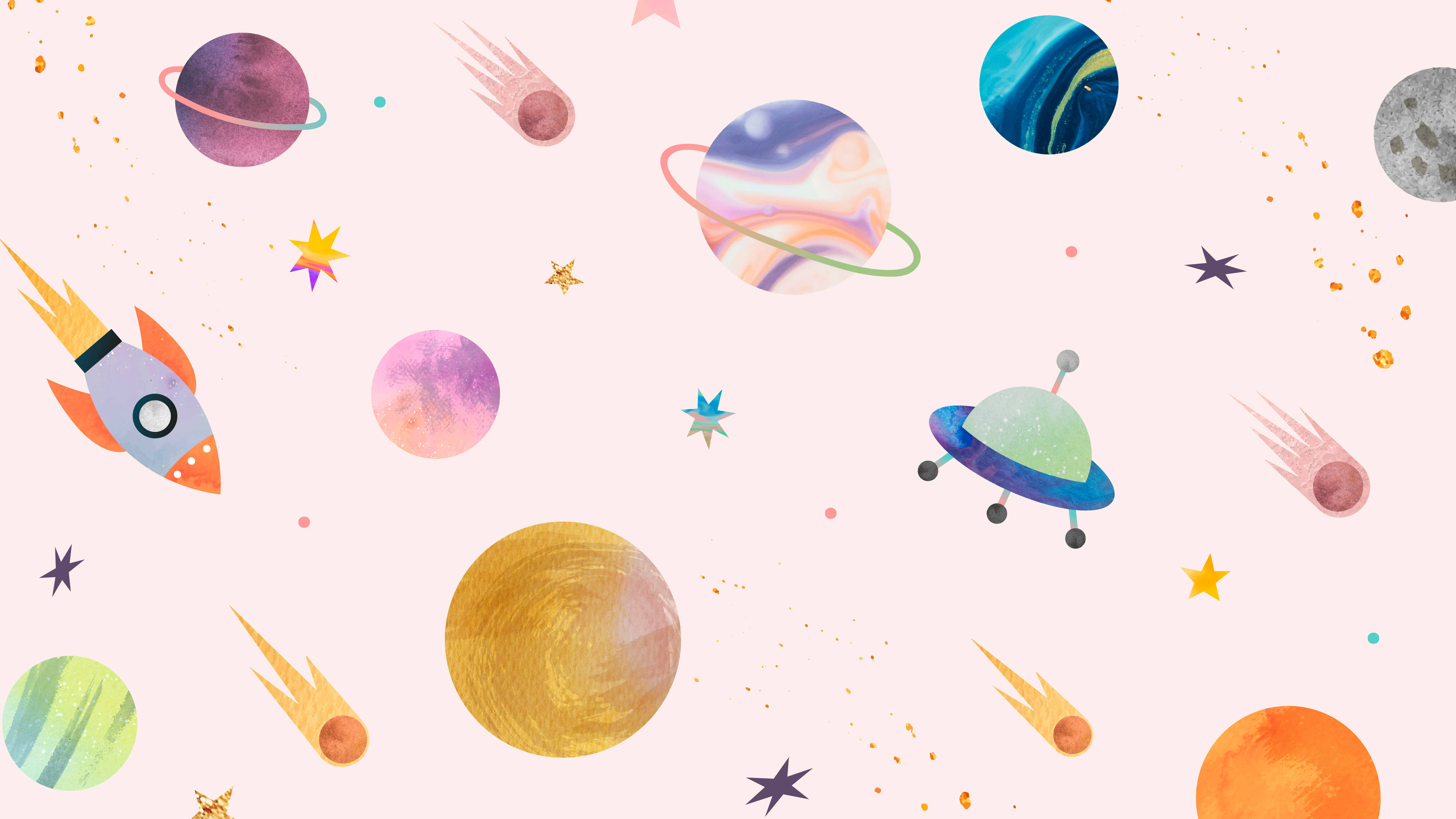 銀河 桌布 壁紙 — 一個夢幻的水彩風格太空場景，色彩繽紛的行星、火箭和星星漂浮在柔和的粉紅色背景上。