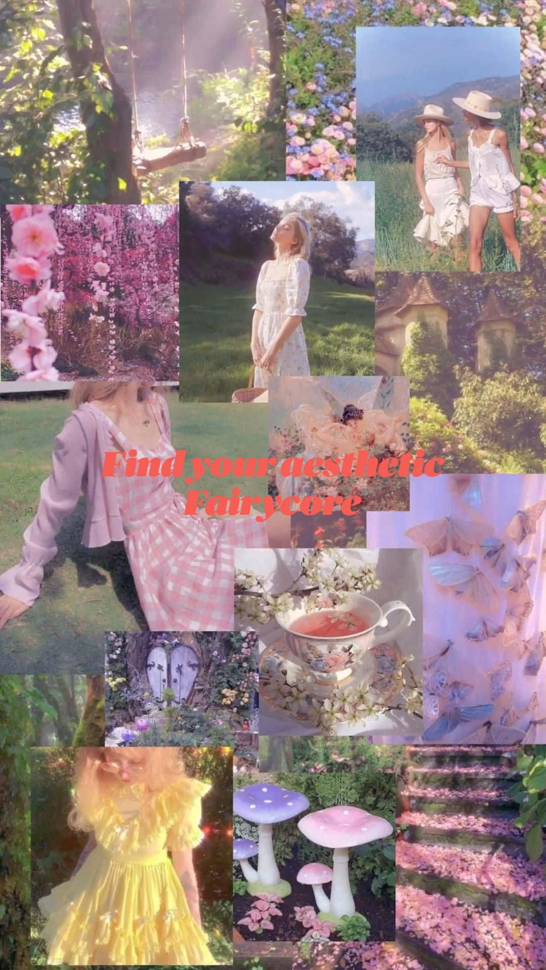 仙女美學 桌布 壁紙 — 一個夢幻的獨角獸仙子拼貼畫， featuring 柔和色調的花朵、奇特的蘑菇和穿著飄逸裙子的女孩在陽光普照的花園中。