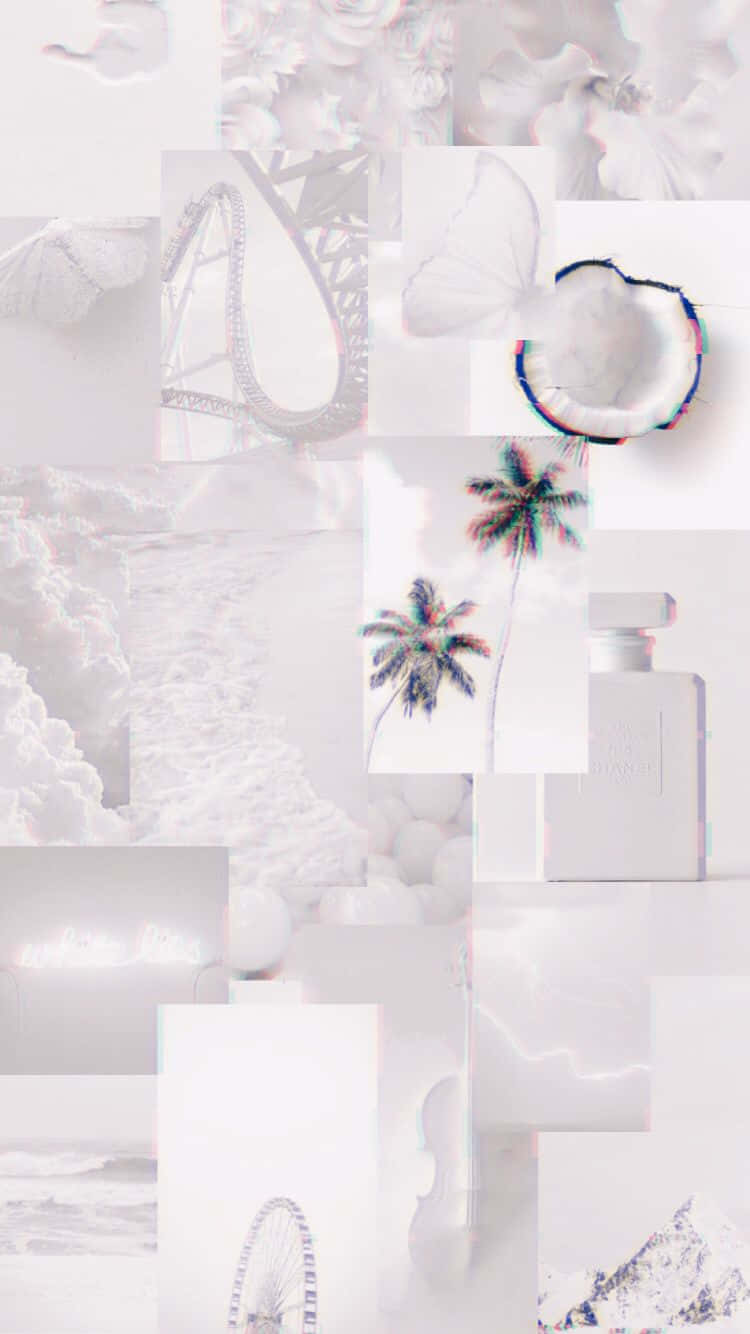 White iPhone 桌布 壁紙 — 一個夢幻的白色拼貼畫，包含棕櫚樹、椰子、香水瓶等熱帶元素，並帶有故障效果。