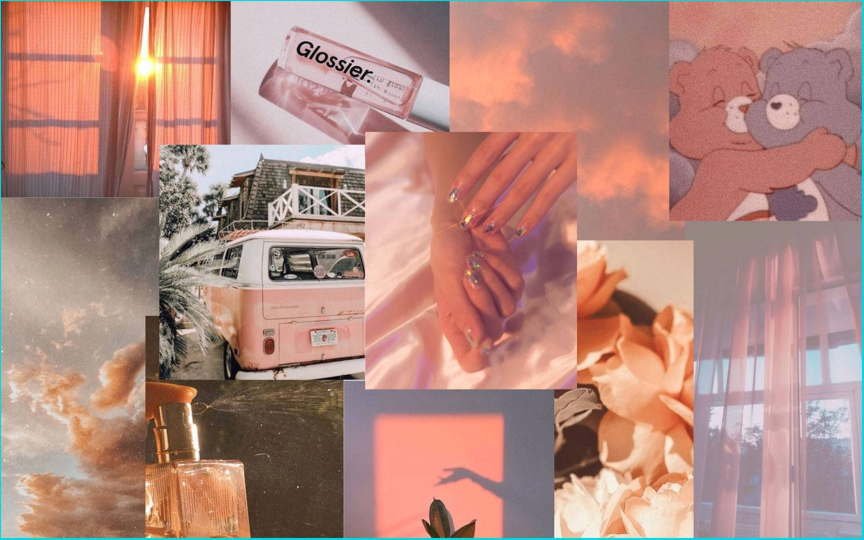Peach Aesthetic 桌布 壁紙 — 一個夢幻的粉彩拼貼，以復古廂型車、Glossier產品、花卉和泰迪熊為特色，在溫暖的日落天空下。