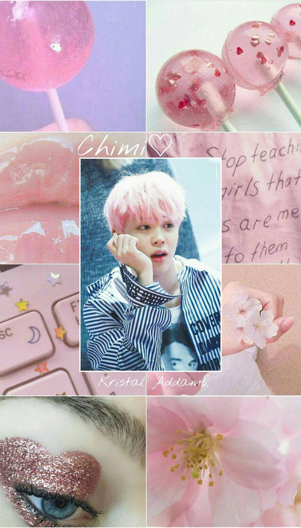 Jimin Aesthetic 桌布 壁紙 — 一個夢幻的粉紅色主題拼貼畫， featuring 棒棒糖、櫻花、閃閃發光的眼睛和一位擁有柔和髮色的年輕男子。