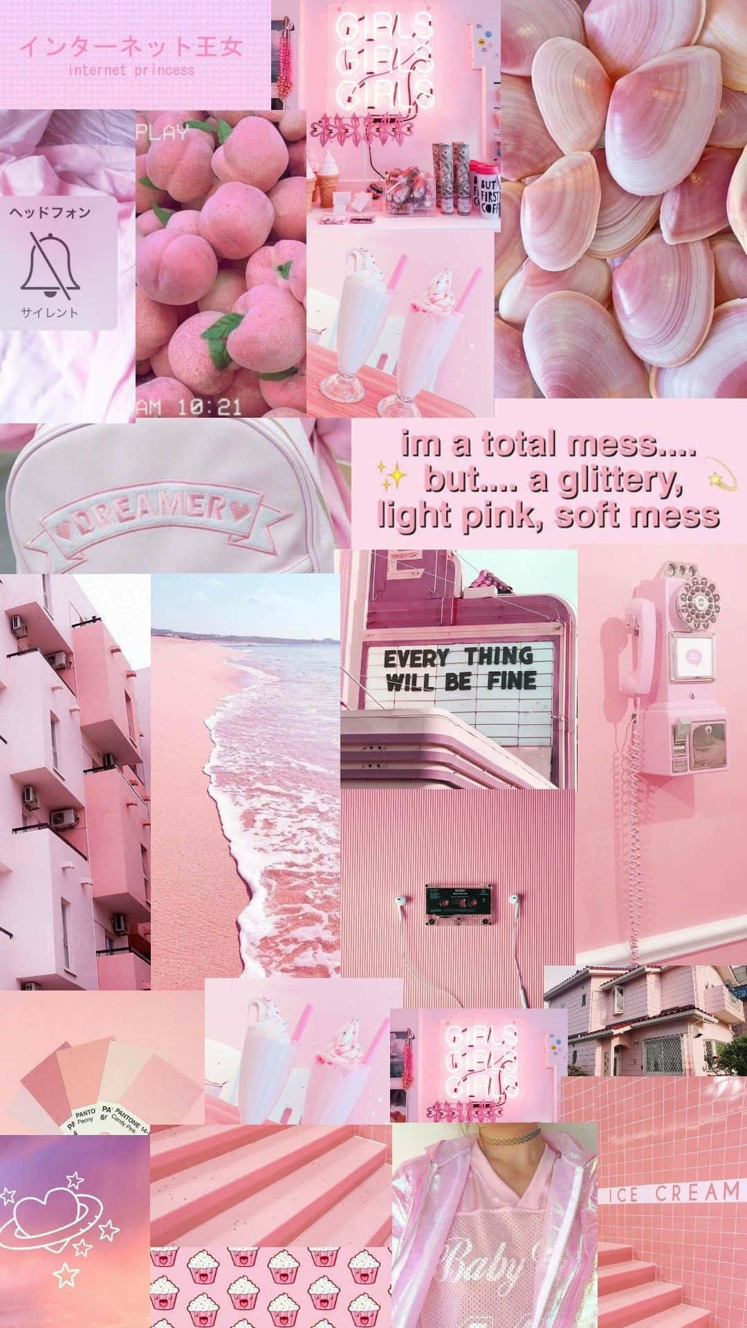 Soft Girl Aesthetic 桌布 壁紙 — 一個夢幻的粉紅色主題拼貼畫，包含蜜桃色貝殼、飲品、粉彩建築和閃爍文字，營造出柔和甜美的美感。