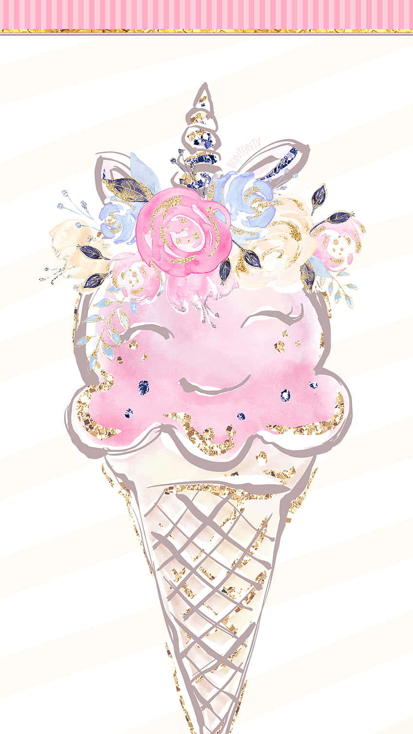 Ice Cream 桌布 壁紙 — 一個夢幻的粉紅色冰淇淋甜筒，帶有笑臉和獨角獸角，飾有閃亮的花朵。
