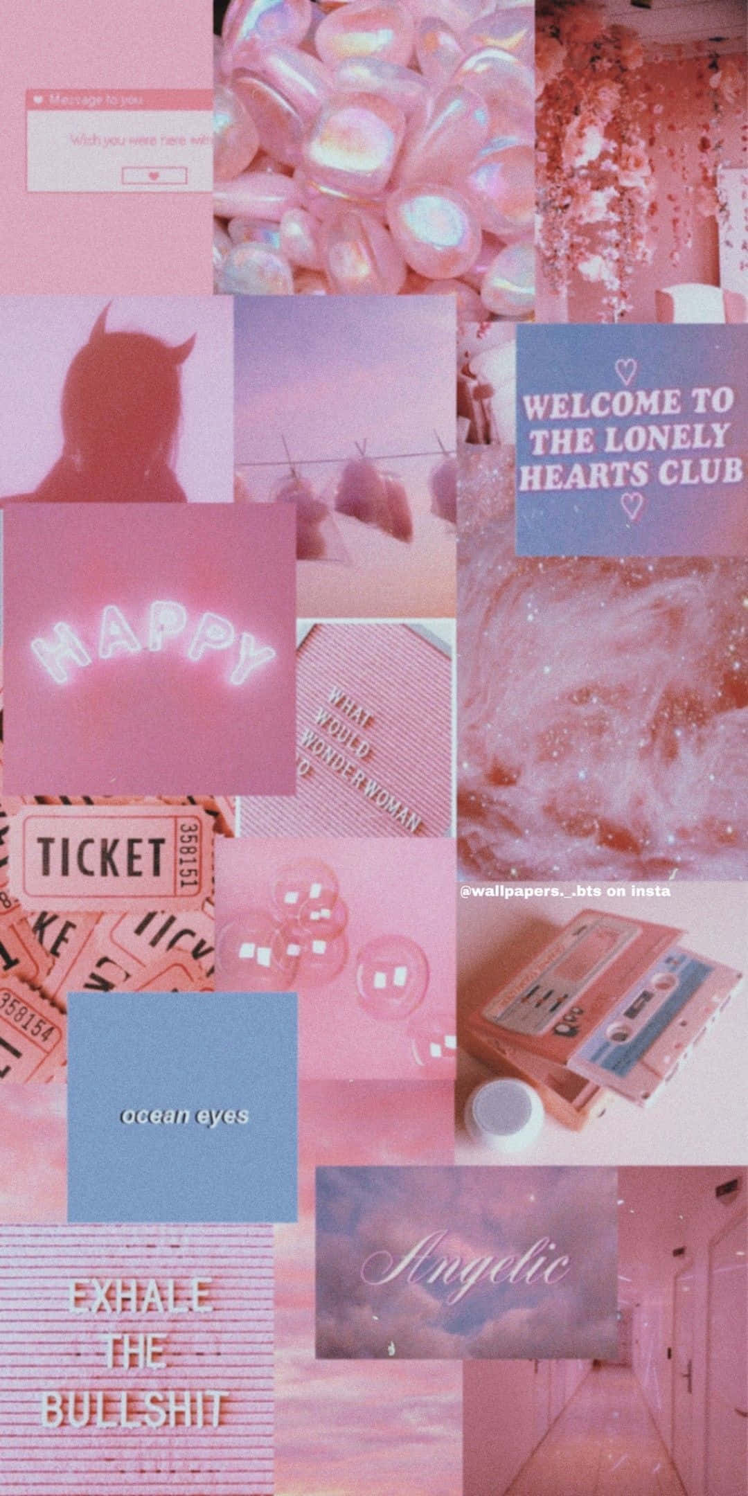 Aesthetic Pink Collage 桌布 壁紙 — 一個夢幻的粉紅色和藍色拼貼畫，包含懷舊物品如卡式錄音帶和文字疊加，帶有柔和發光的美感。