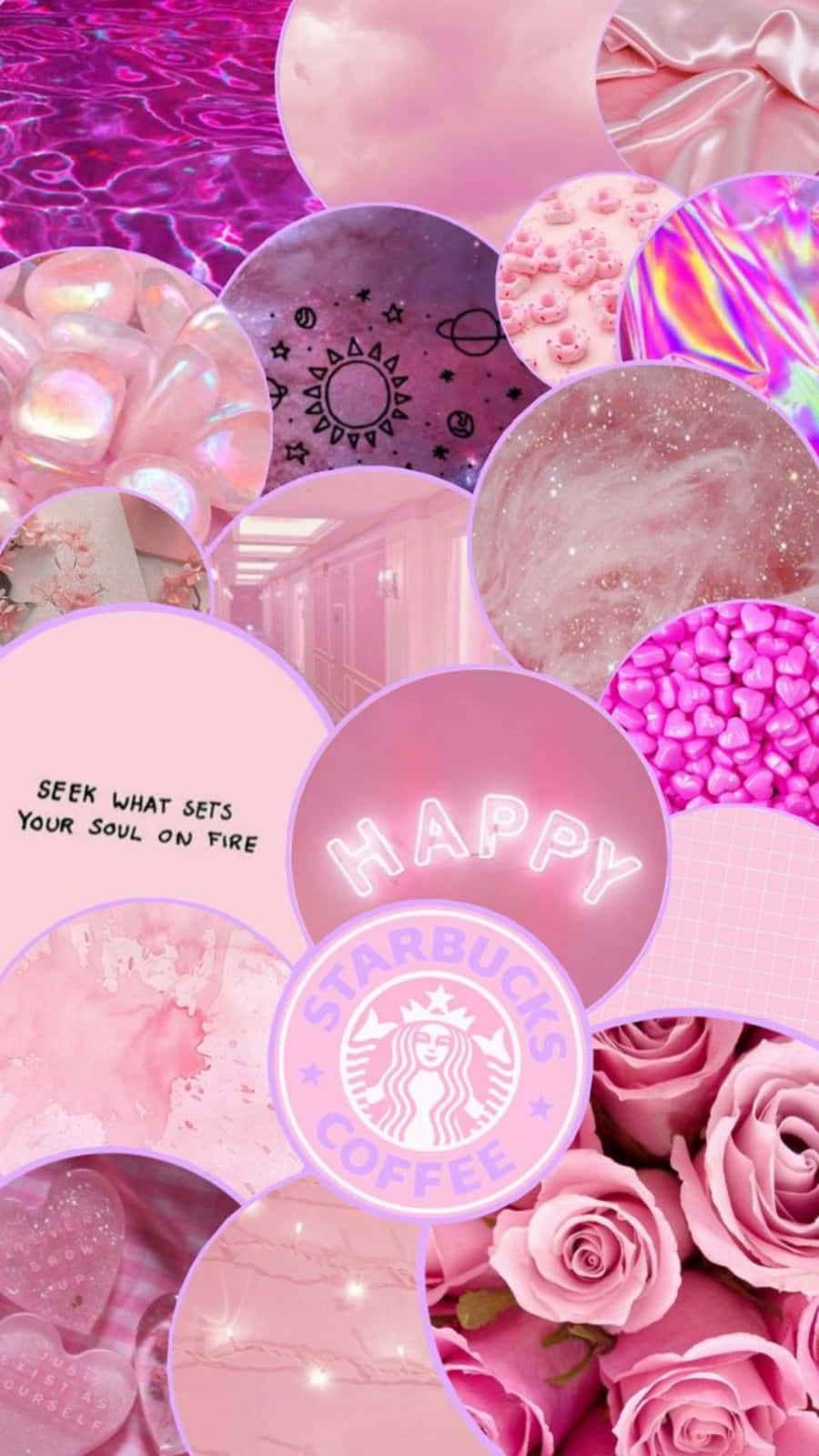 Aesthetic Dark Pink 桌布 壁紙 — 一個夢幻的粉紅色圓形面板拼貼，包含玫瑰、Starbucks標誌、宇宙設計和閃亮質感。
