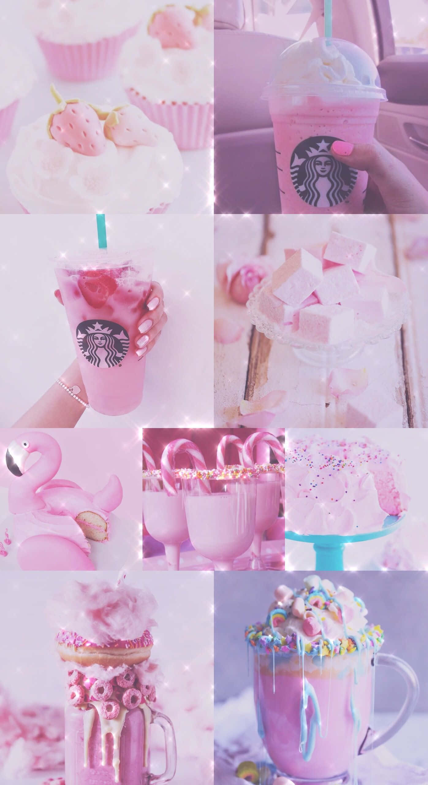 Desserts 桌布 壁紙 — 一個夢幻的粉紅色拼貼， featuring Starbucks 飲品、杯子蛋糕、棉花糖、火烈鳥和甜品，沐浴在柔和閃爍的光芒中。