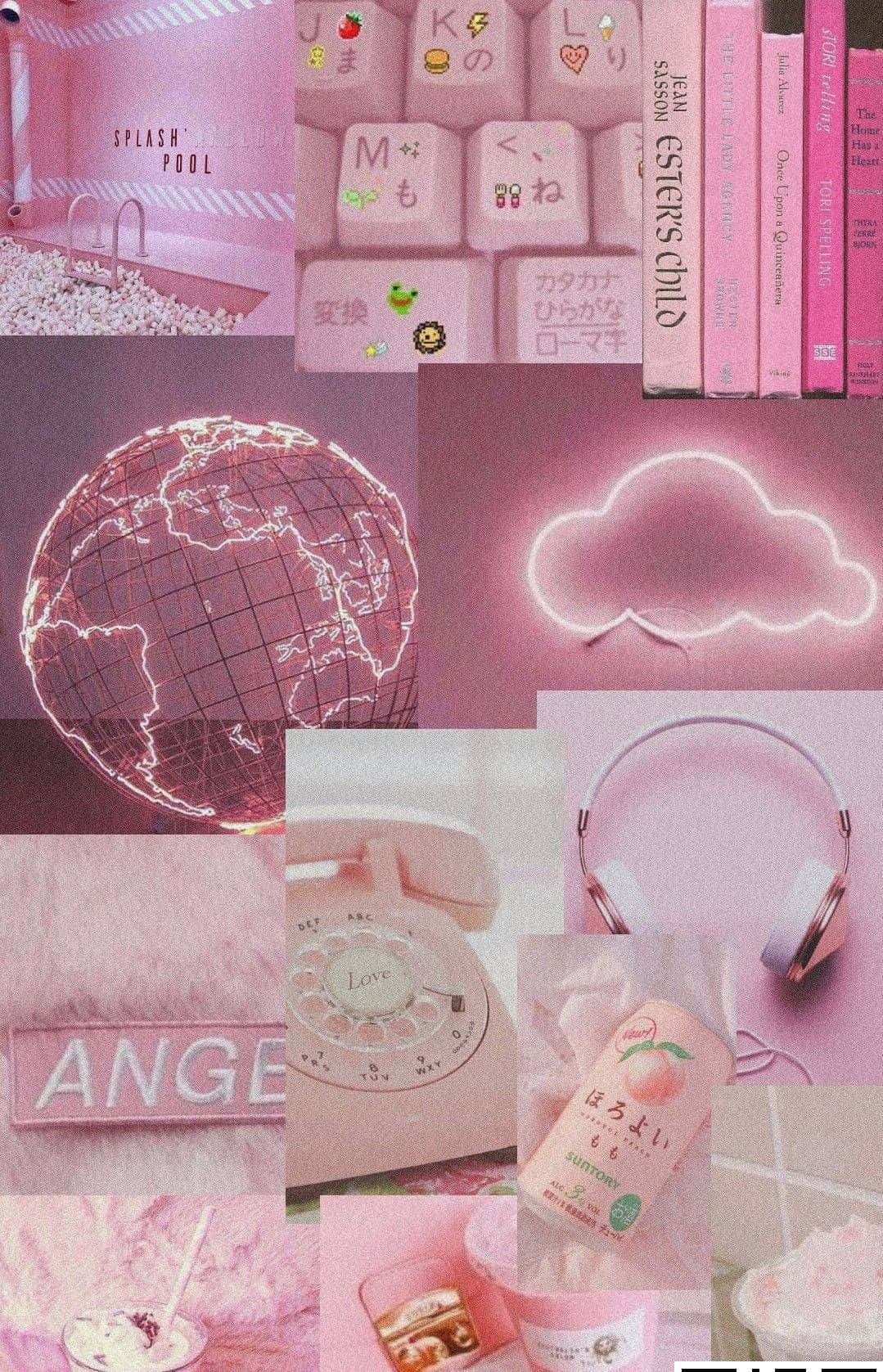 Vsco Girl 桌布 壁紙 — 一個夢幻的粉紅色拼貼，包含霓虹地球電話、耳機、書籍和甜點，呈現柔和的粉彩美學。