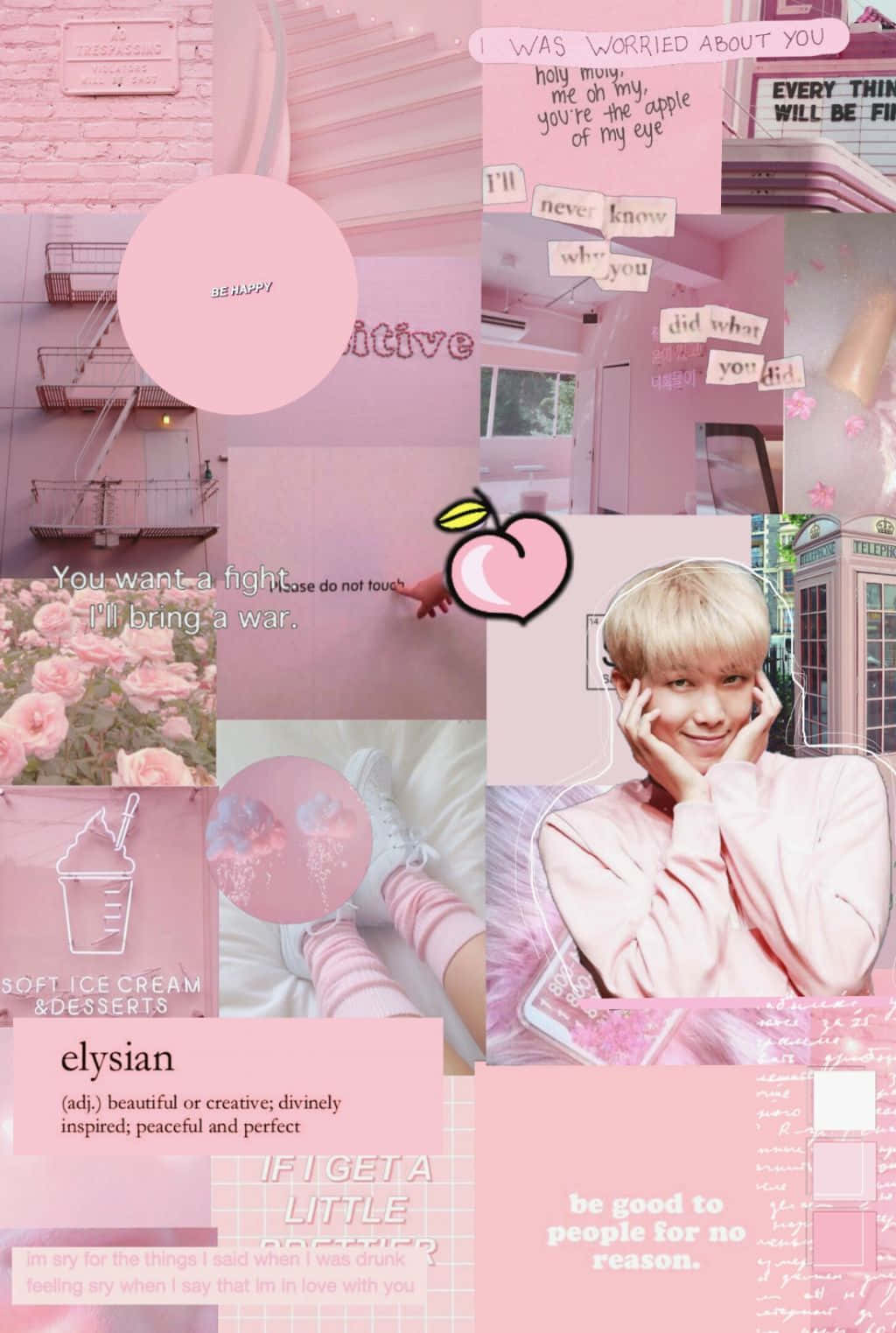 Aesthetic Light Pink 桌布 壁紙 — 一個夢幻的粉紅色拼貼畫，包含微笑的人物、玫瑰、語錄和粉彩質感，呈現年輕美學。