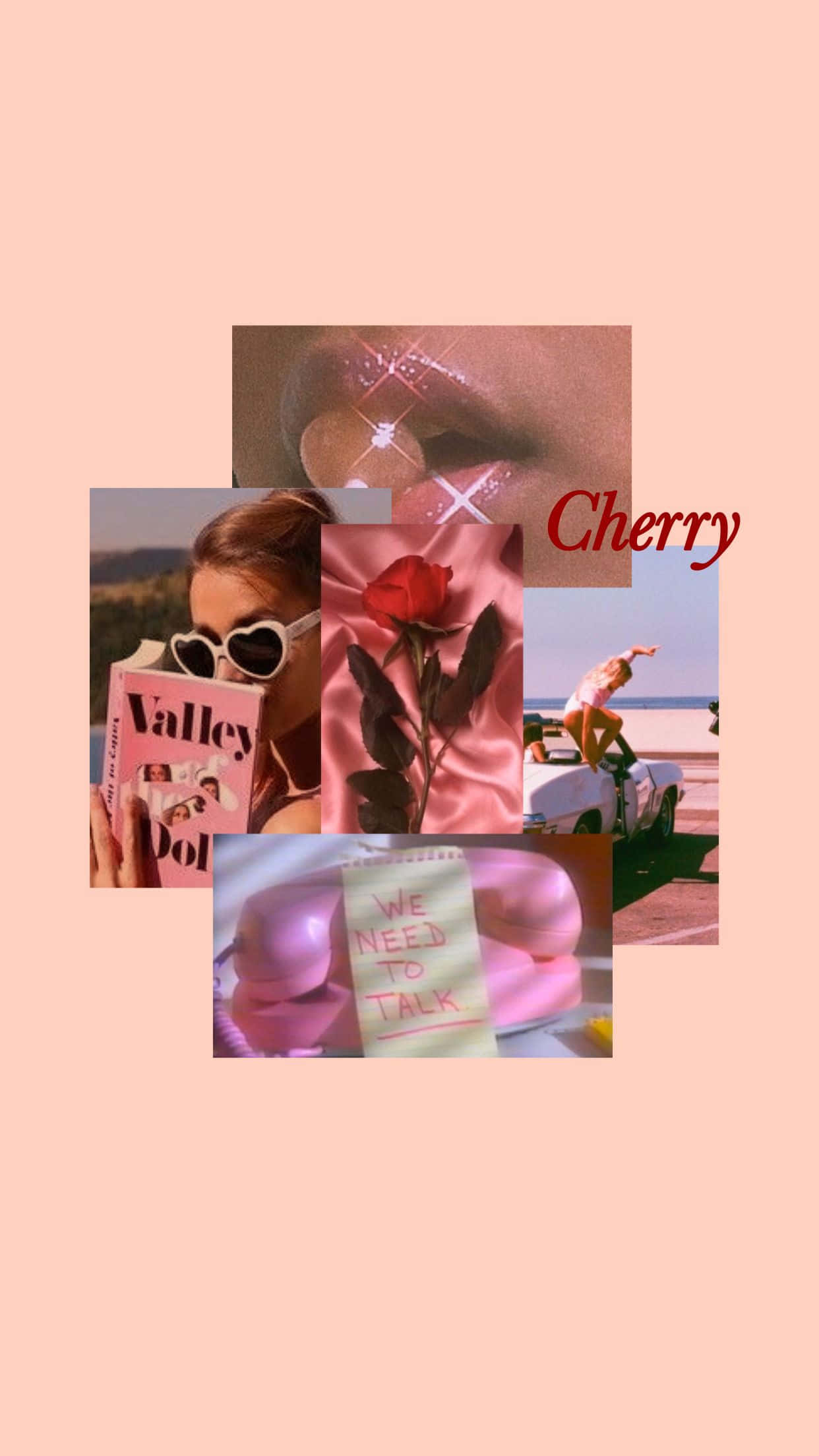 Harry Styles Album Cover 桌布 壁紙 — 一個夢幻的粉紅色拼貼畫，包含閃亮的嘴唇、一朵玫瑰、戴著心形太陽眼鏡的女孩，以及一張寫著「我們需要談談」的便條。