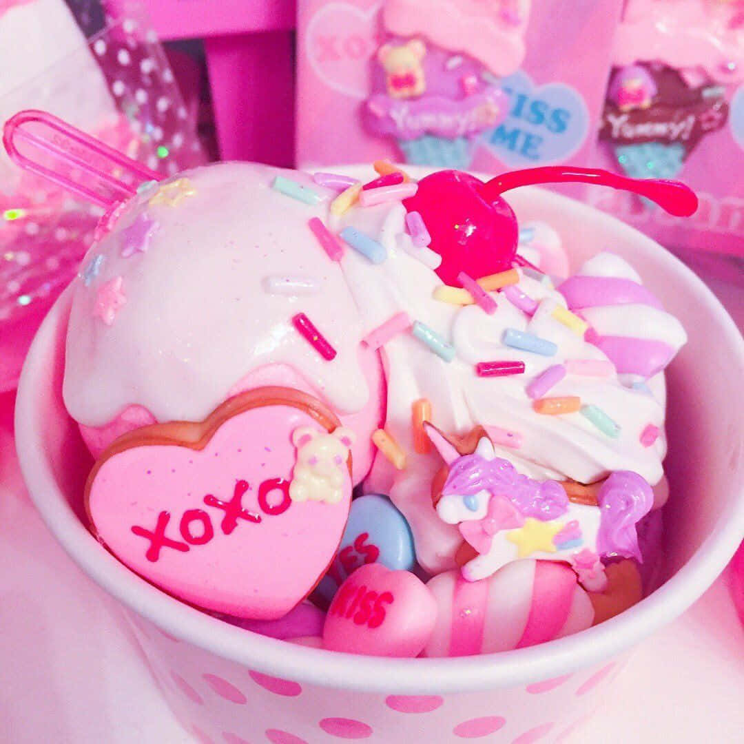 Kawaii Dessert 桌布 壁紙 — 一個夢幻的粉紅色杯子，裝滿了糖果心、糖粒和一顆櫻桃。