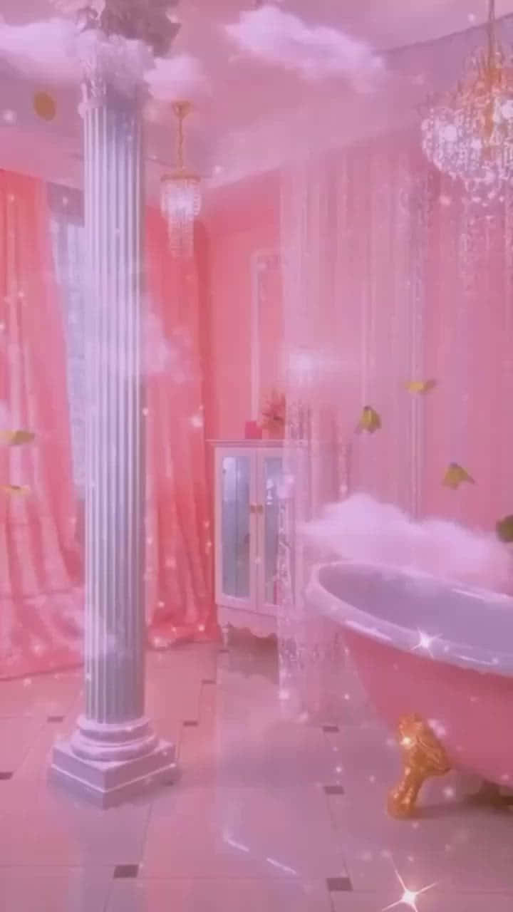 bathroom 桌布 壁紙 — 一個夢幻的粉紅色浴室，配有爪足浴缸、水晶吊燈和漂浮的雲朵，營造出異想天開的幻想氛圍。