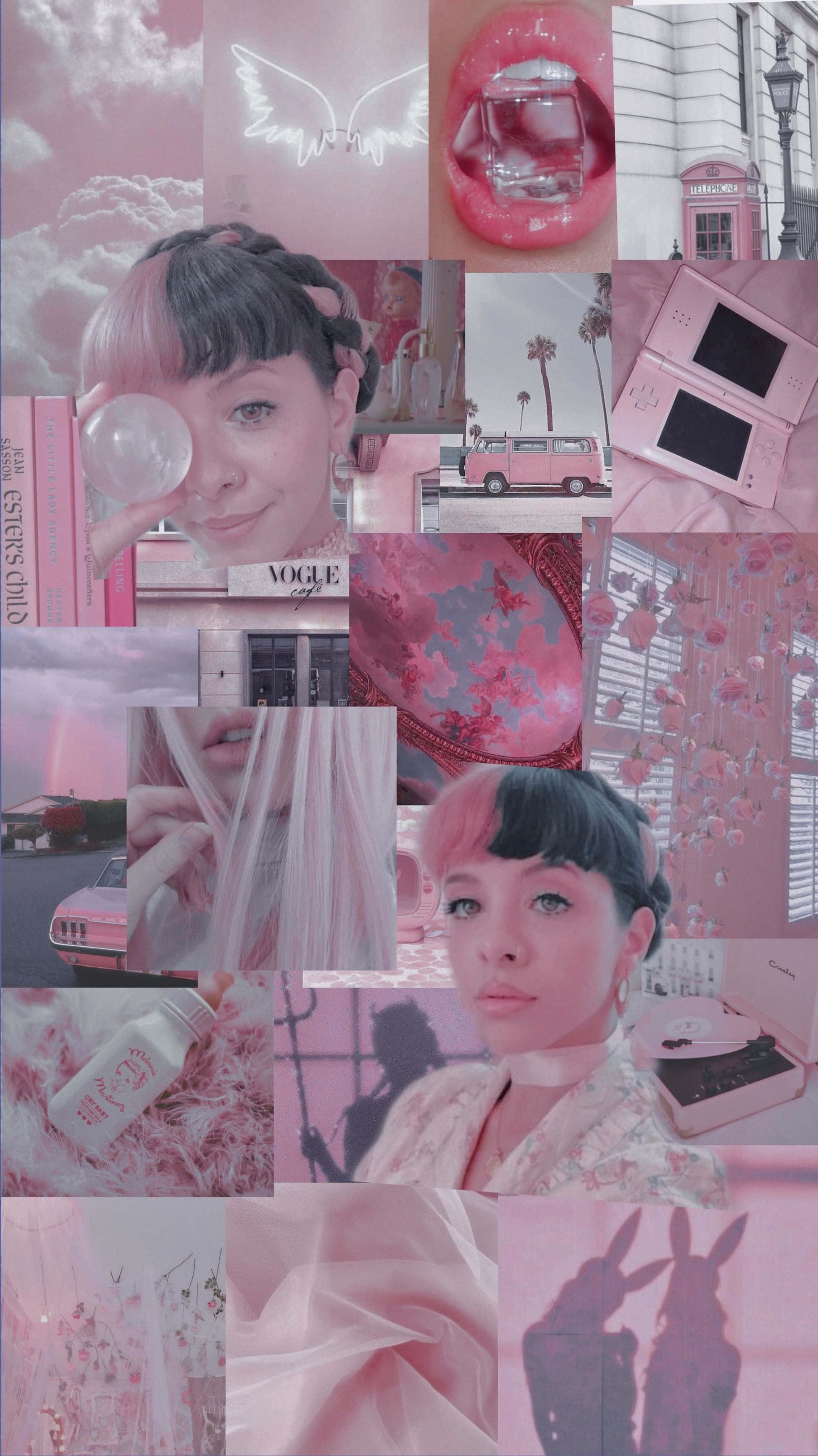 Melanie Martinez 桌布 壁紙 — 一個夢幻的粉紅色調拼貼畫，包含一位女性、嘴唇、翅膀、復古汽車和花卉圖案，呈現柔和的美感。