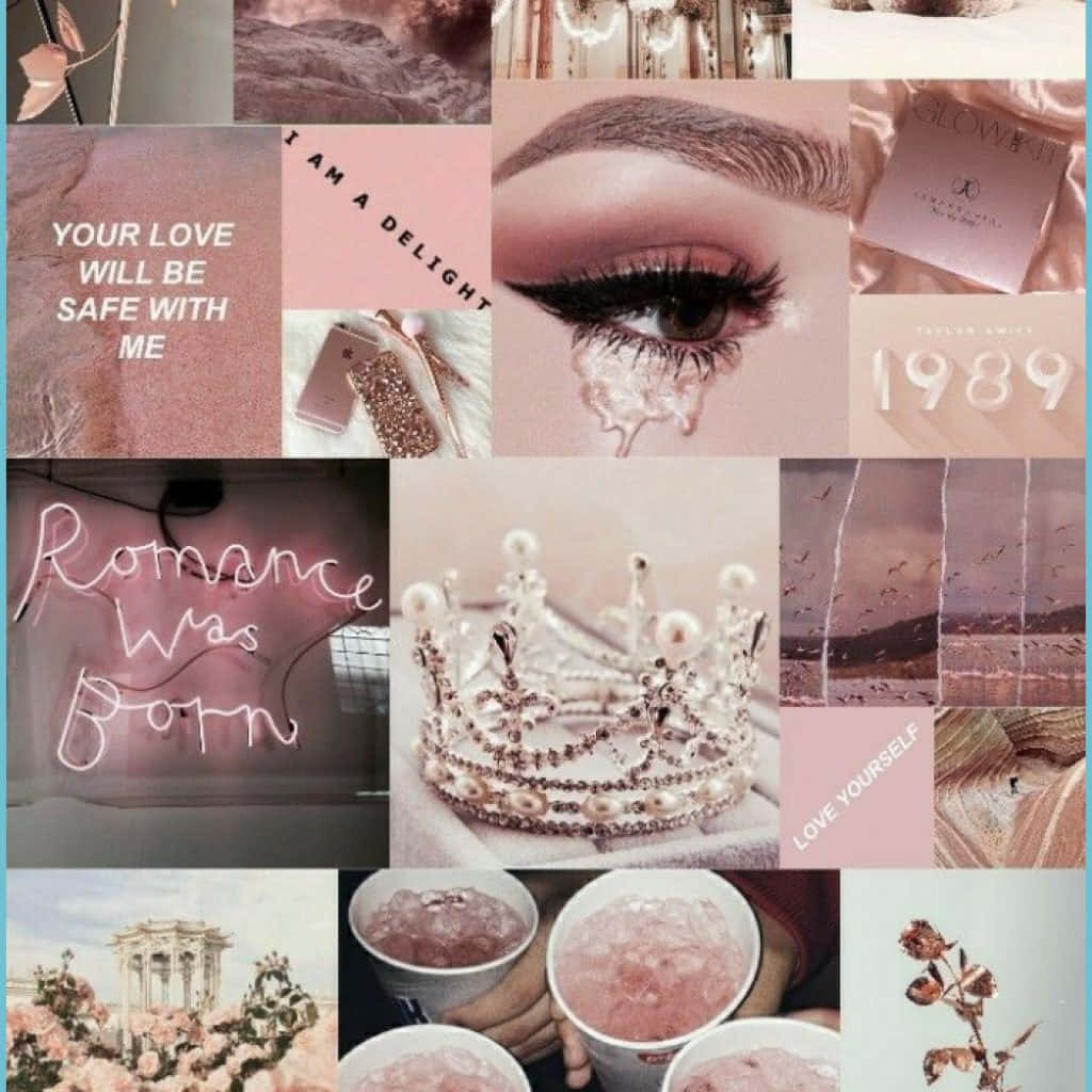 girly pink aesthetic 桌布 壁紙 — 一個夢幻的粉紅色調拼貼畫，包含流淚的眼睛、皇冠、霓虹燈牌和玫瑰飲品，喚起浪漫和懷舊之情。