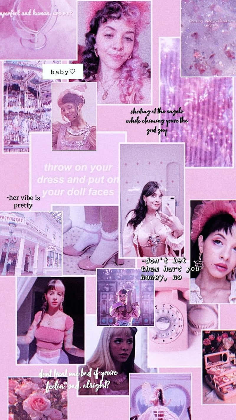 Melanie Martinez Aesthetic 桌布 壁紙 — 一個夢幻的粉紅色調拼貼畫，包含自拍和語錄，展現年輕女性在復古和娃娃般的美學中。
