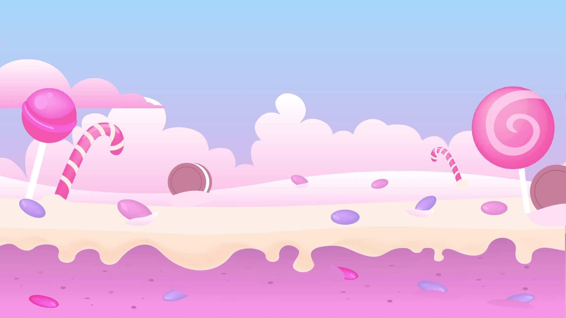 Candy Land 桌布 壁紙 — 一個夢幻的糖果景觀，巨大的棒棒糖和糖果手杖漂浮在糖質地形上，背景是粉彩天空。