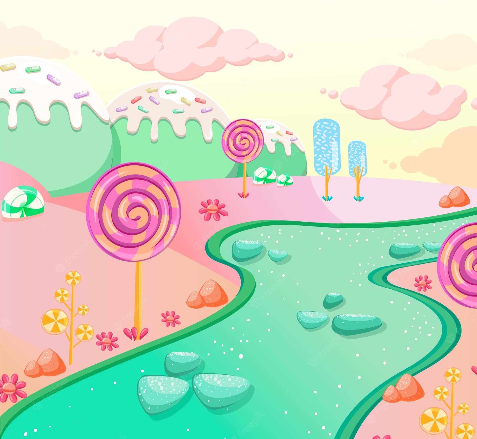 Candy Land 桌布 壁紙 — 一個夢幻的糖果風景，有巨大的棒棒糖、灑滿糖粒的山丘，以及在粉彩天空下閃閃發光的河流。