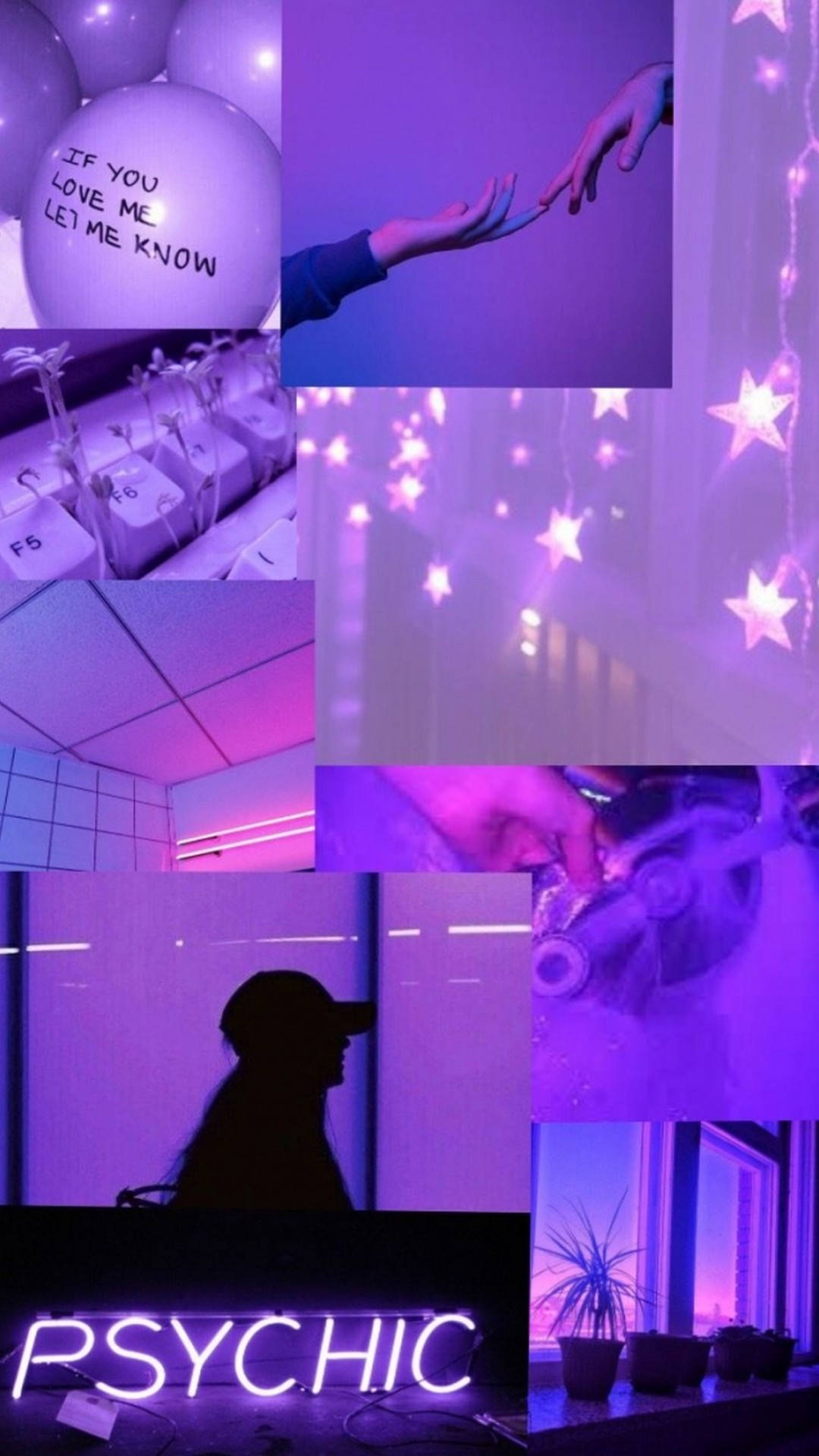 Collage 桌布 壁紙 — 一個夢幻的紫色拼貼，包含伸手的手、星光、心靈霓虹招牌和一個帶有愛情訊息的氣球。
