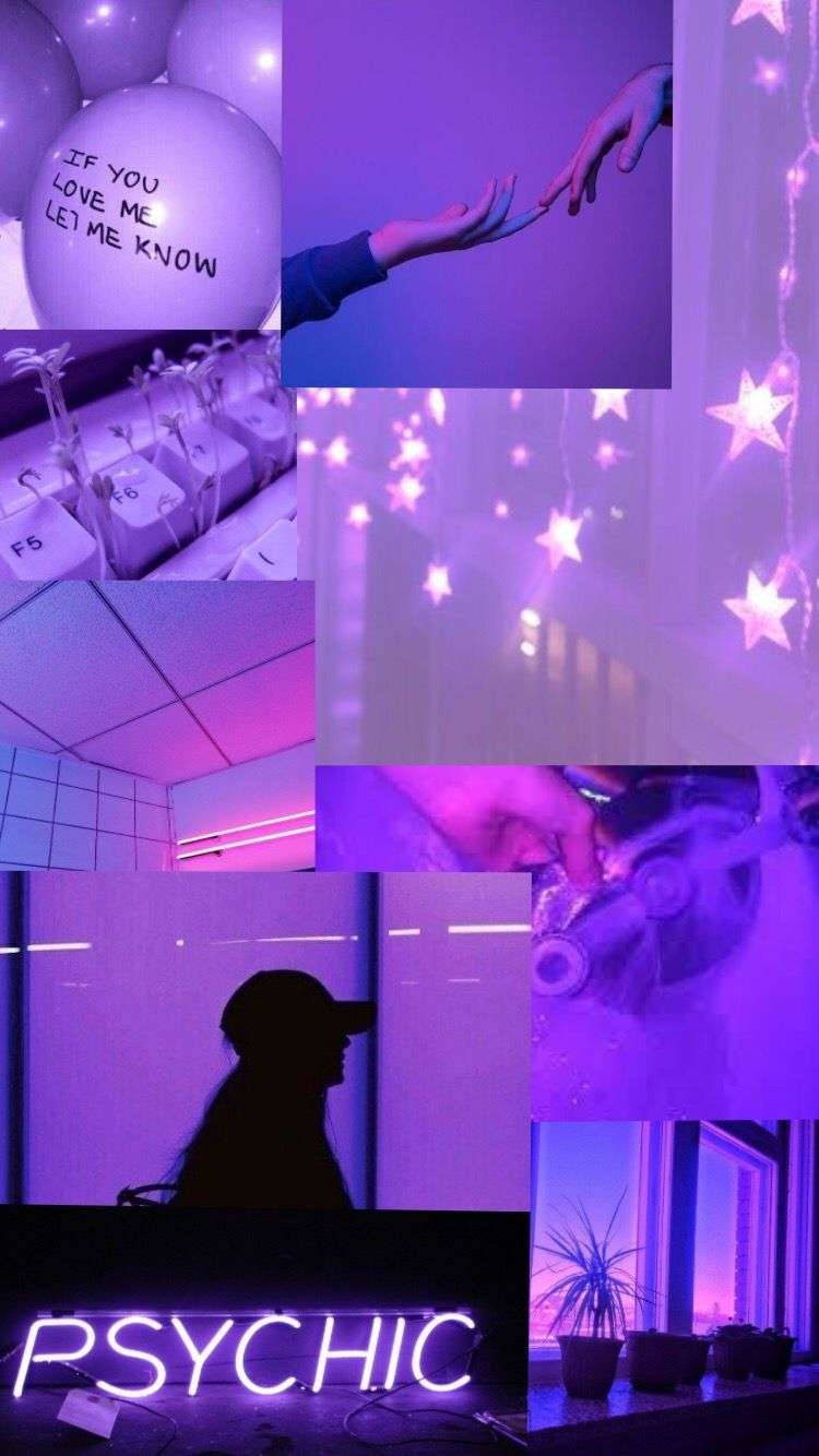 Purple Aesthetic Phone 桌布 壁紙 — 一個夢幻的紫色拼貼，包含帶有訊息的氣球、伸出的手、星星燈光、一個霓虹靈性標誌，以及一個發光房間中的剪影。