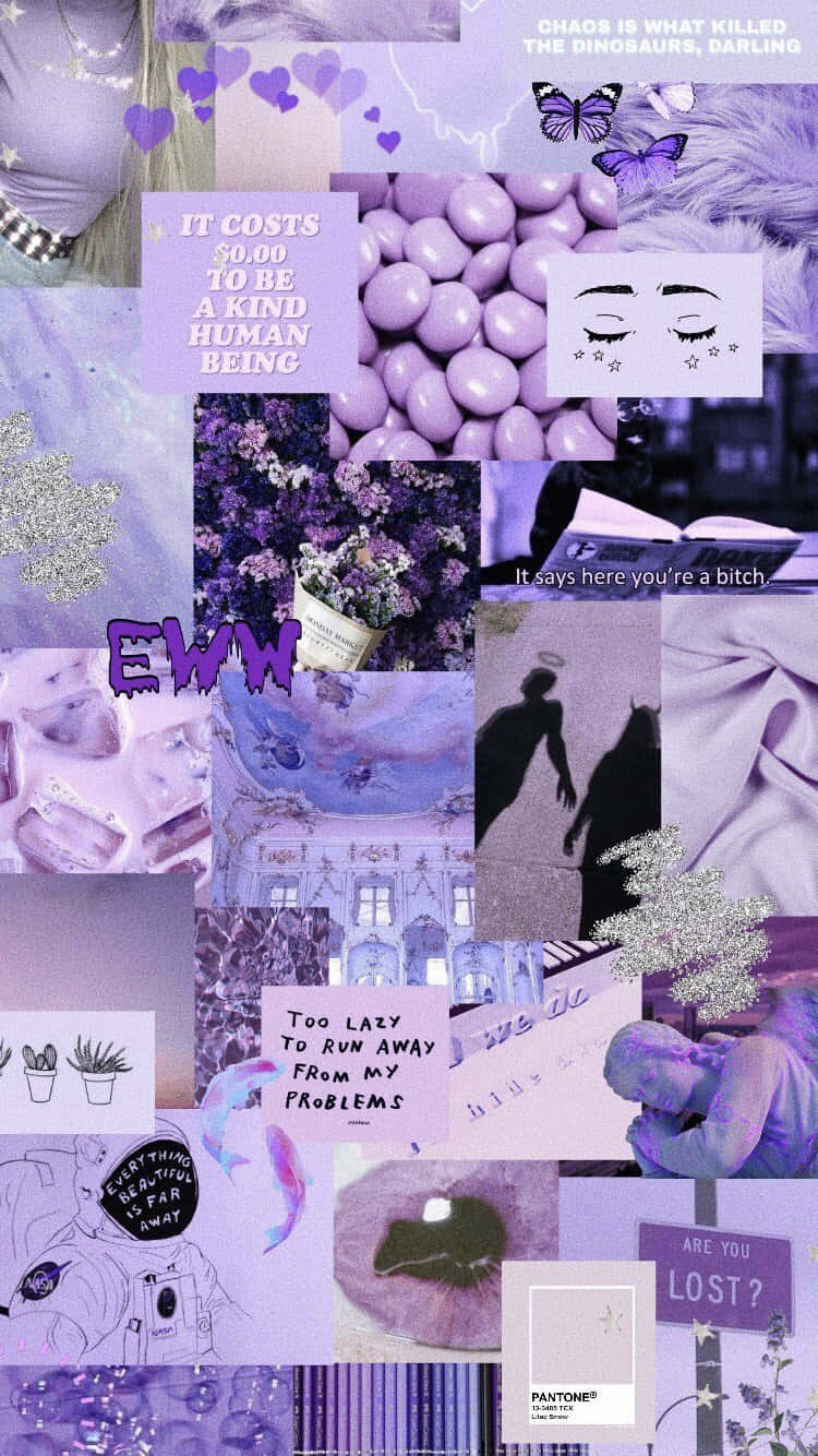 Purple Collage 桌布 壁紙 — 一個夢幻的紫色拼貼，包含文字引言、蝴蝶、花朵和剪影，帶有柔和發光的美感。