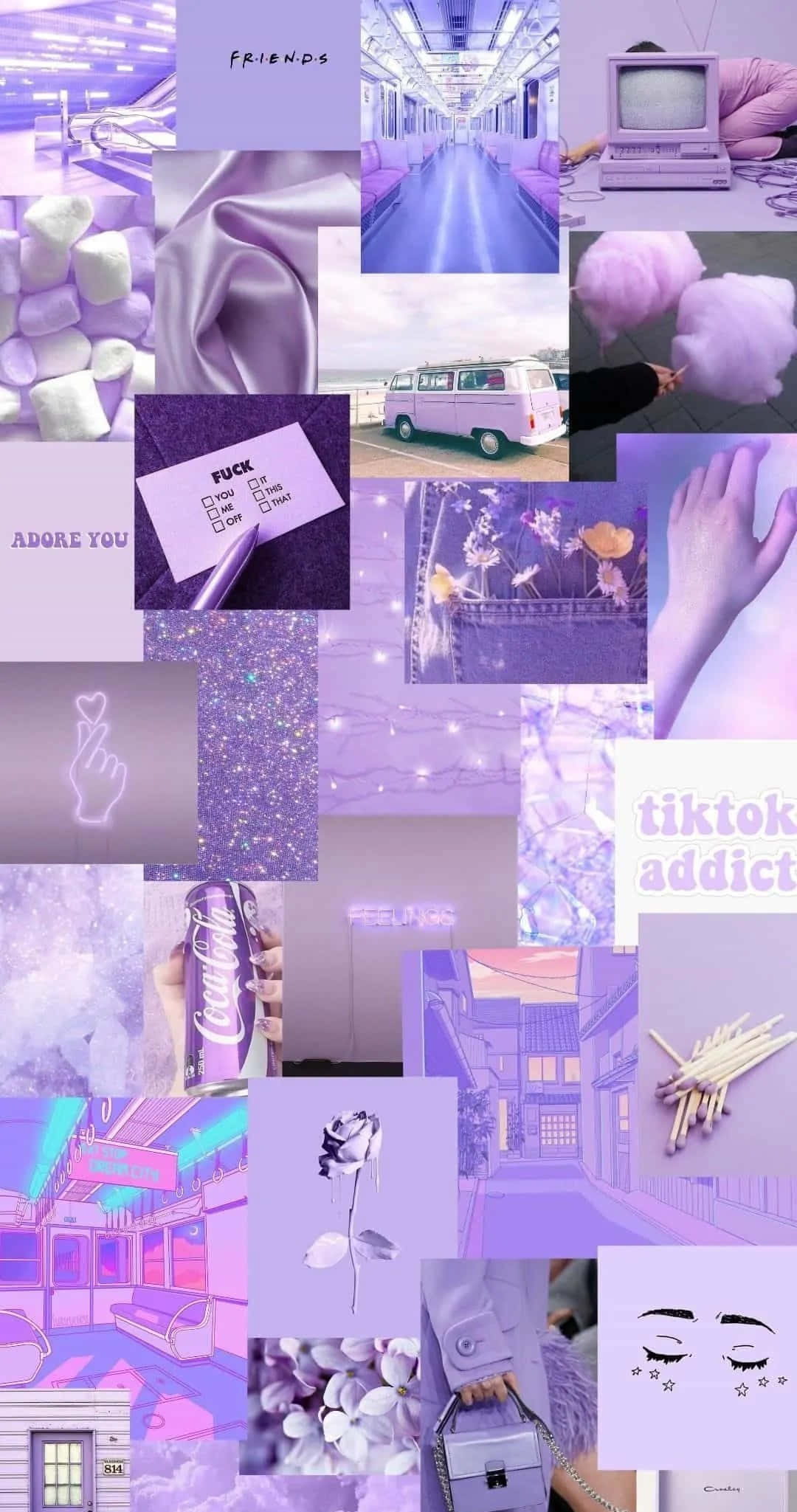 Purple Collage 桌布 壁紙 — 一個夢幻的紫色拼貼，包含棉花糖、復古貨車、棉花糖和手寫筆記，充滿懷舊美學。