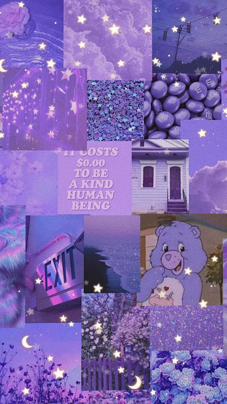 Aesthetic Purple 桌布 壁紙 — 一個夢幻的紫色拼貼畫，包含星星、月亮、花朵和一個 Care Bear，帶有閃亮質感和柔和光線。