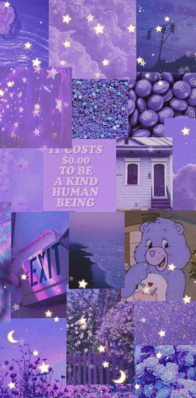 Purple Collage 桌布 壁紙 — 一個夢幻的紫色拼貼畫，包含星星、閃粉、糖果、Care Bear 和一間帶有柔和發光勵志文字的房屋。