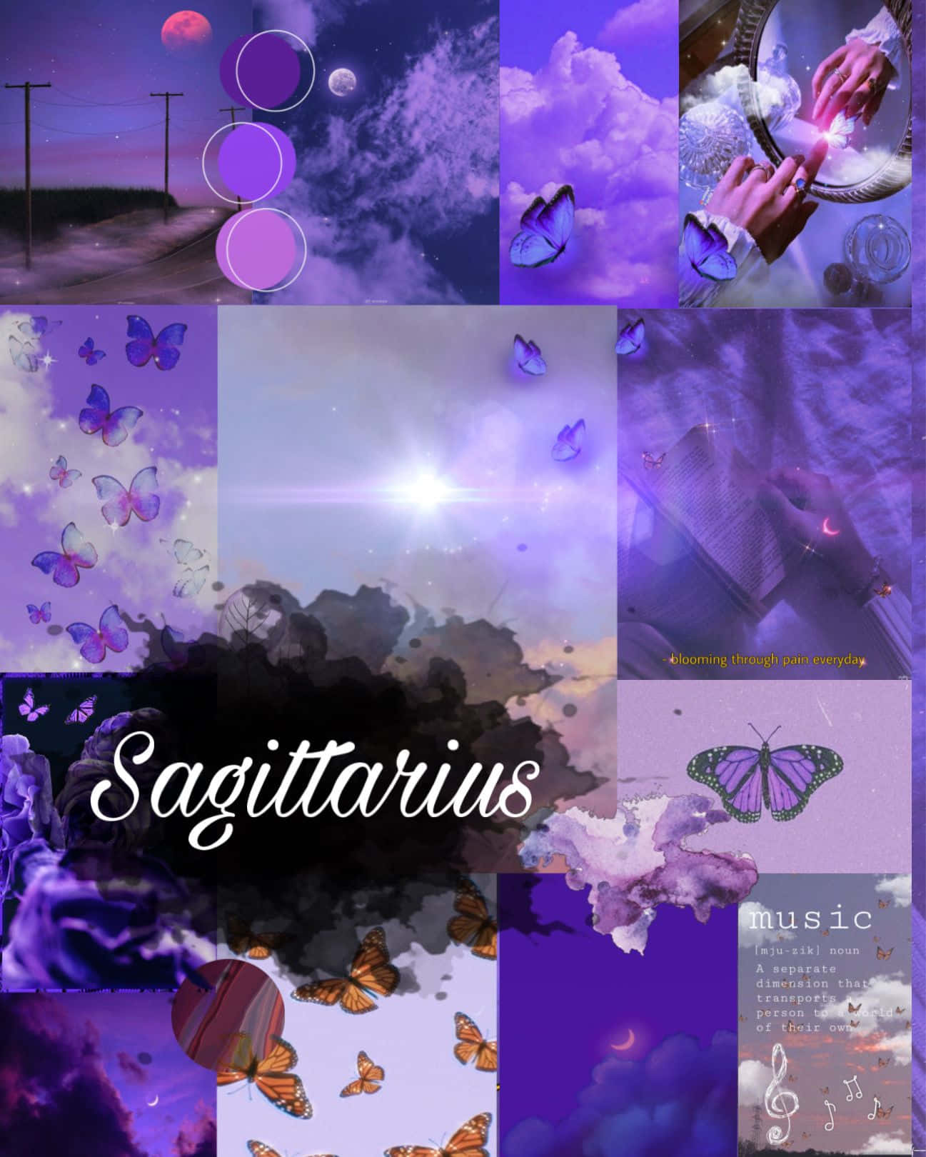 sagittarius 桌布 壁紙 — 一個夢幻的紫色拼貼畫，包含蝴蝶、月亮和在星空下散發神秘能量的手。