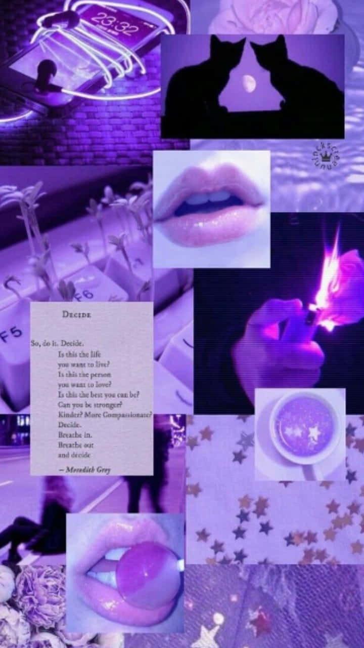 Purple Aesthetic Tumblr 桌布 壁紙 — 一個夢幻的紫色拼貼畫，包含貓咪、嘴唇、星星和一句名言，背景是發光的霓虹燈。
