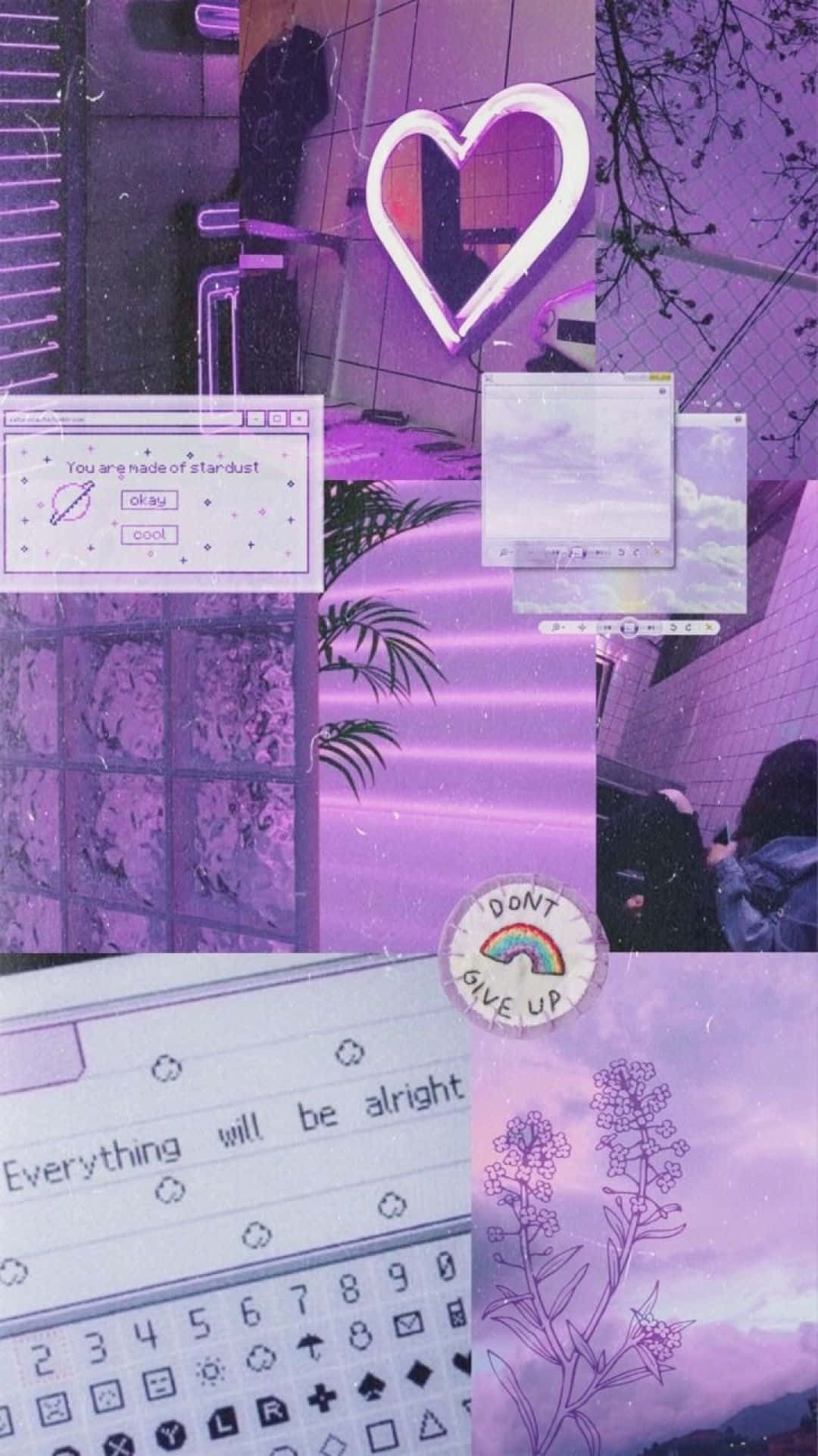 柔和美學 桌布 壁紙 — 一個夢幻的紫色數位拼貼畫，包含發光的心形霓虹燈牌、勵志文字疊加層和鍵盤元素。