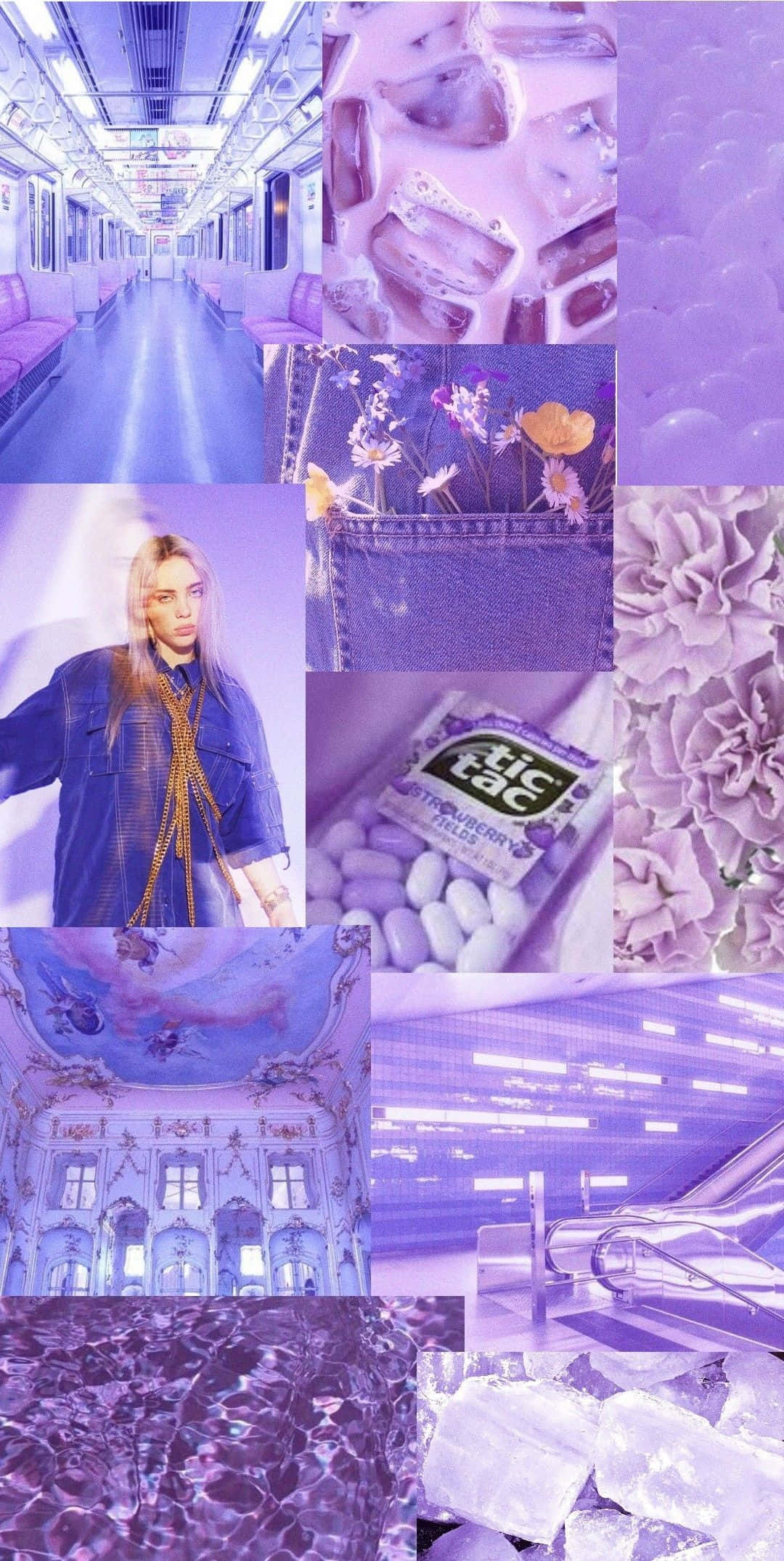 Billie Eilish Purple 桌布 壁紙 — 一個夢幻的紫色調拼貼畫，包含地鐵、冰塊、花朵、一個人、藥丸和華麗的天花板。