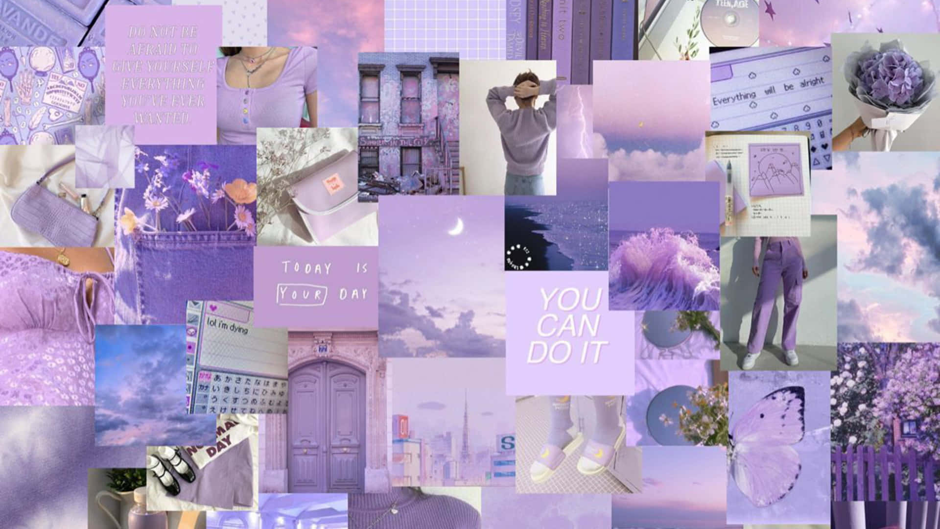 Aesthetic Collage Desktop 桌布 壁紙 — 一個夢幻的薰衣草主題拼貼， featuring 粉彩天空、勵志名言、時尚單品和柔和花卉元素，呈現年輕美學。