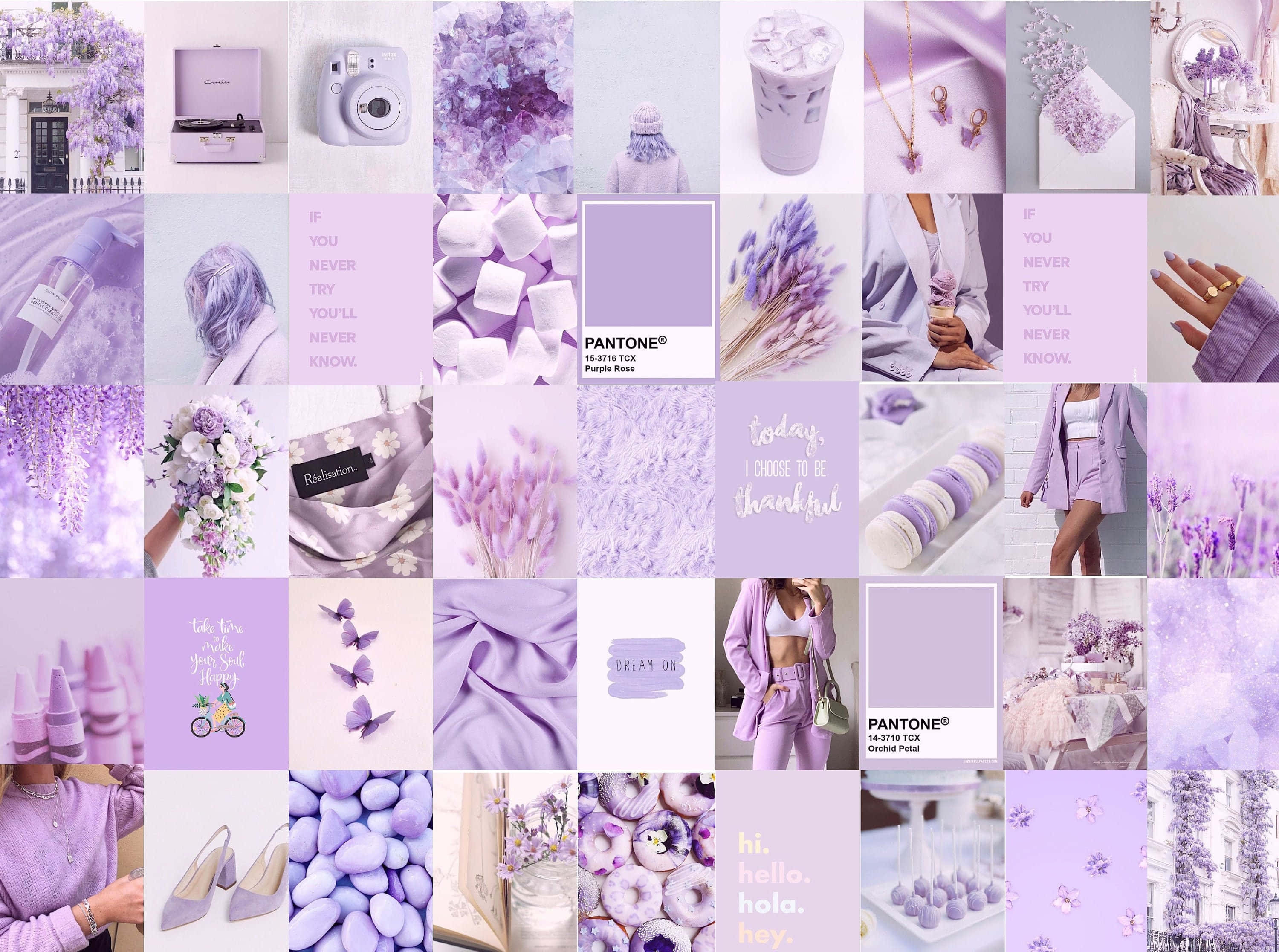 Purple Aesthetic Collage 桌布 壁紙 — 一個夢幻的薰衣草主題拼貼畫，以柔和粉彩調展示花卉、時尚配飾和生活風格物品。